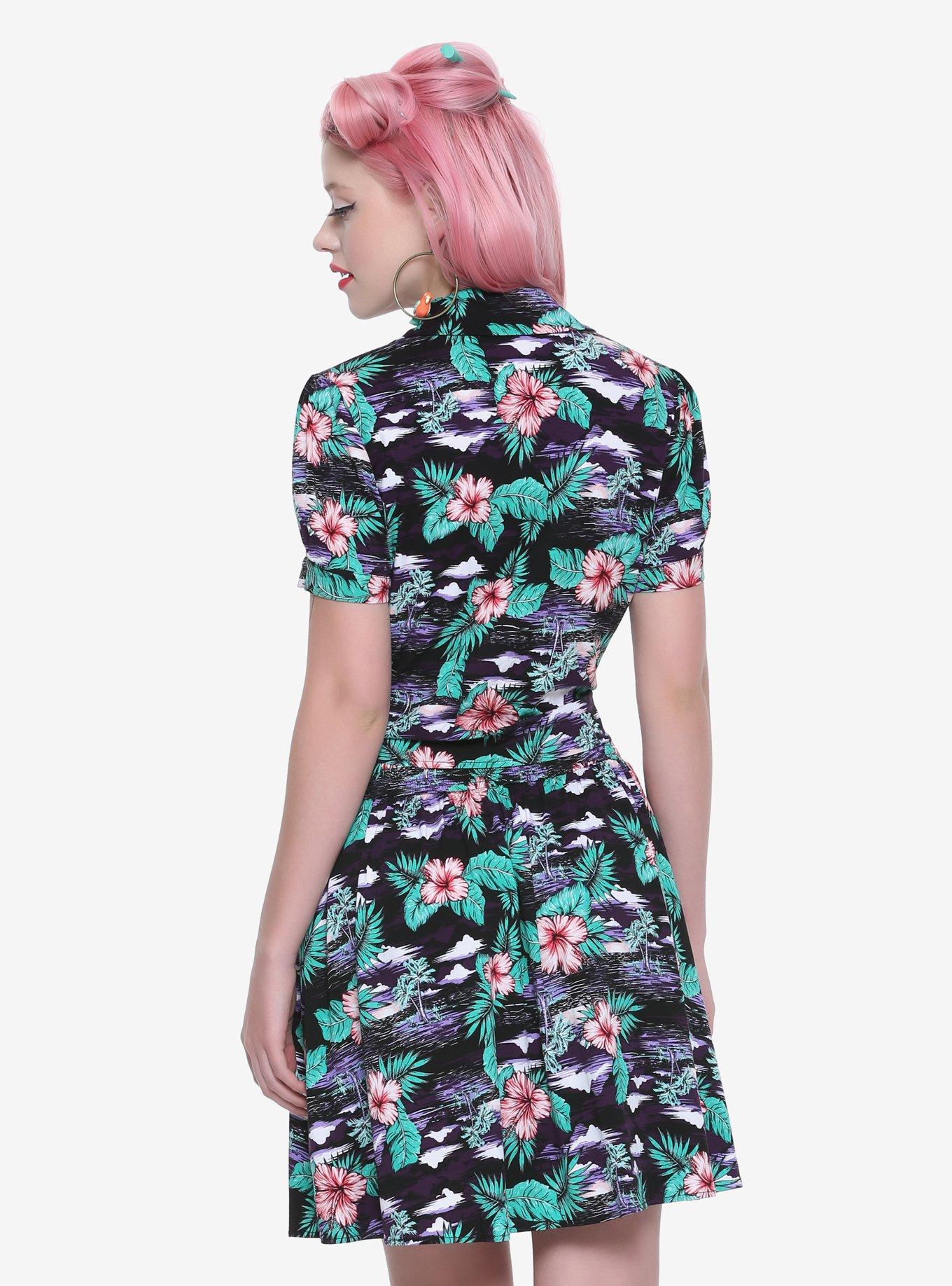 Tropical Print Tie Waist Girls Crop Woven Button-Up, , alternate