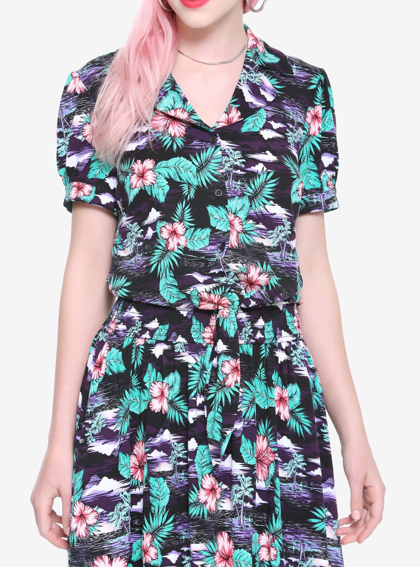 Tropical Print Tie Waist Girls Crop Woven Button-Up, , alternate