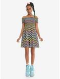 Rainbow Checkerboard Off-The-Shoulder Smocked Dress, , alternate