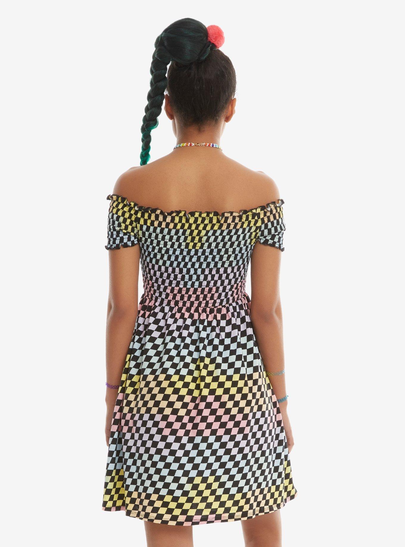 Rainbow Checkerboard Off-The-Shoulder Smocked Dress, , alternate