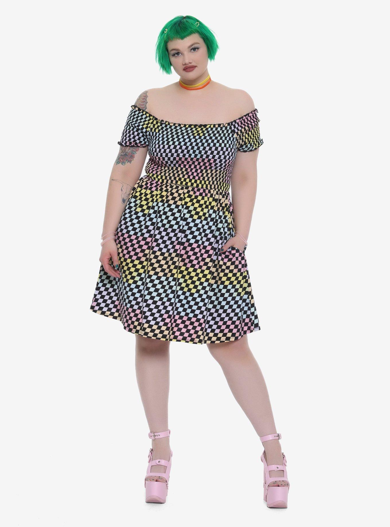 Rainbow Checkered Off-The-Shoulder Smocked Dress Plus Size, , alternate