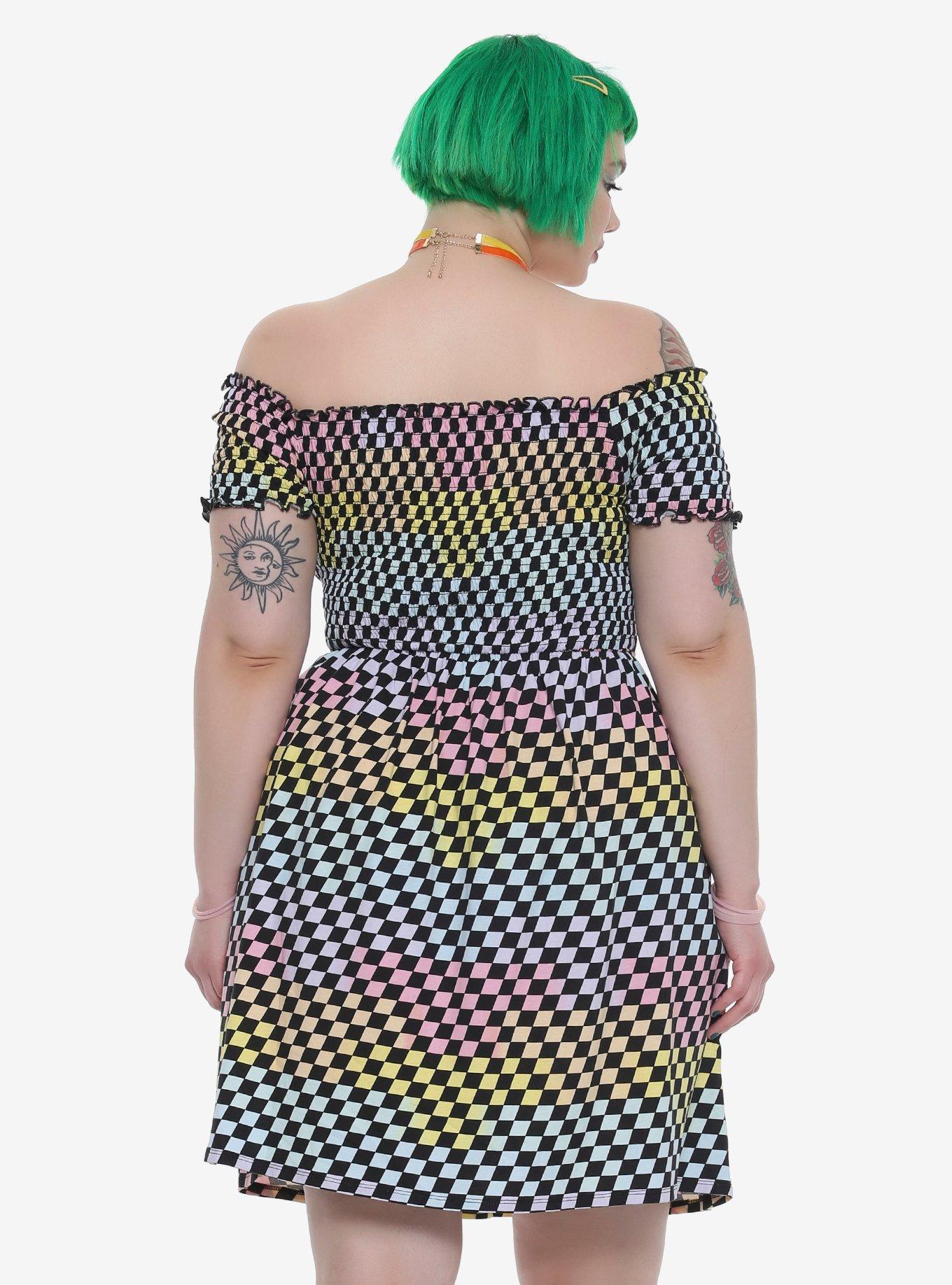 Rainbow Checkered Off-The-Shoulder Smocked Dress Plus Size, , alternate
