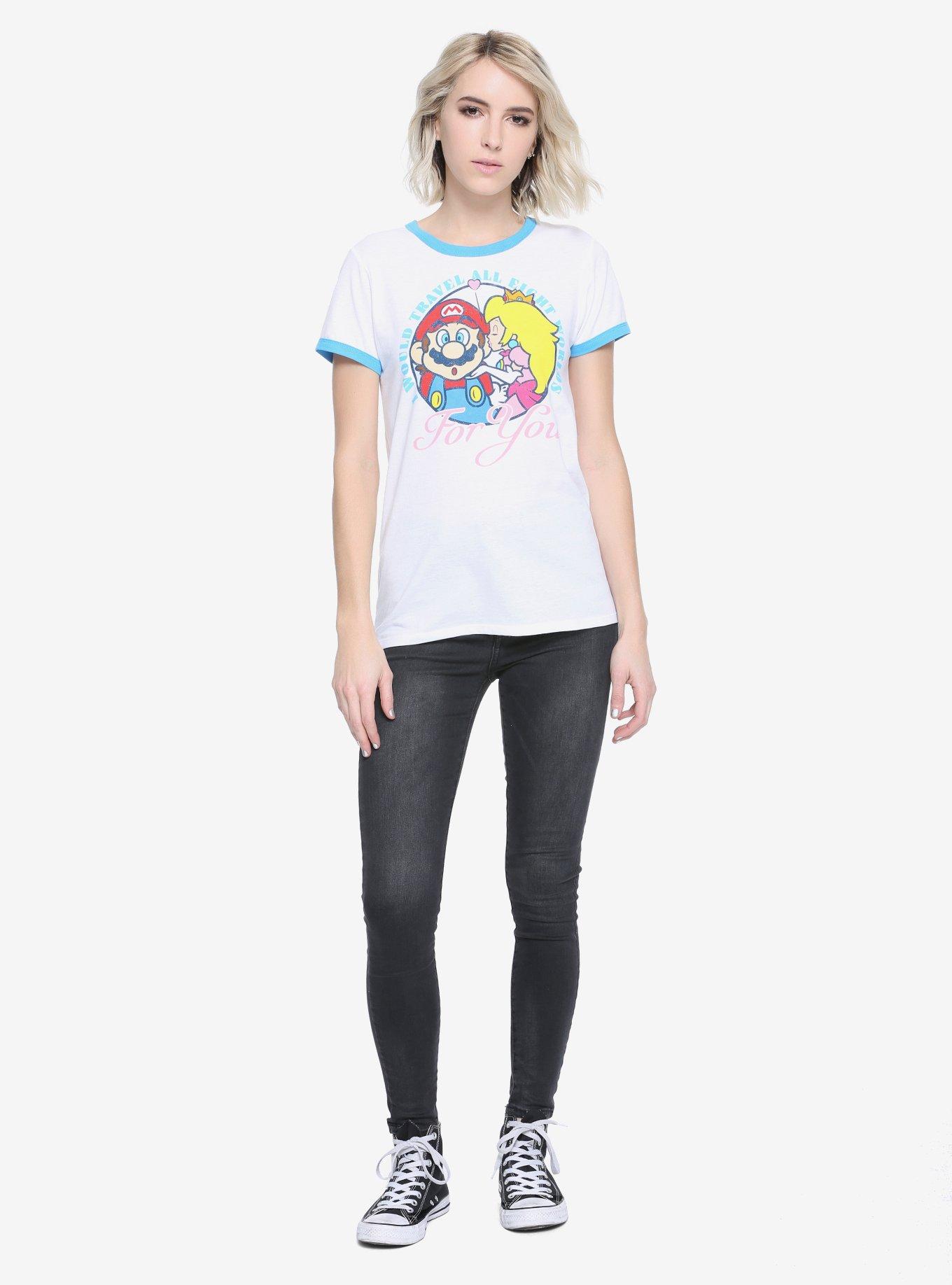 Super Mario & Peach All Eight Worlds Girls Ringer T-Shirt, , alternate