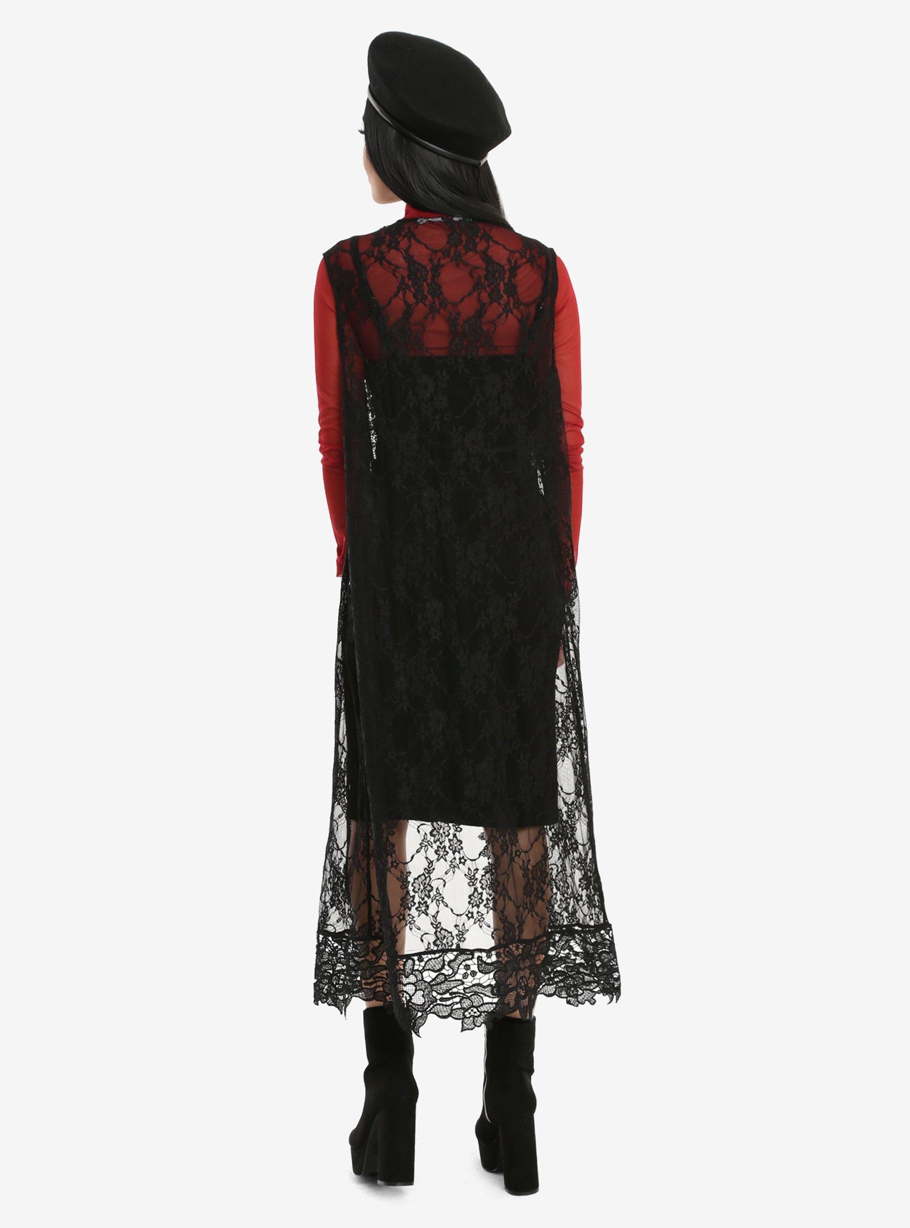 Black Lace Sleeveless Duster, BLACK, alternate