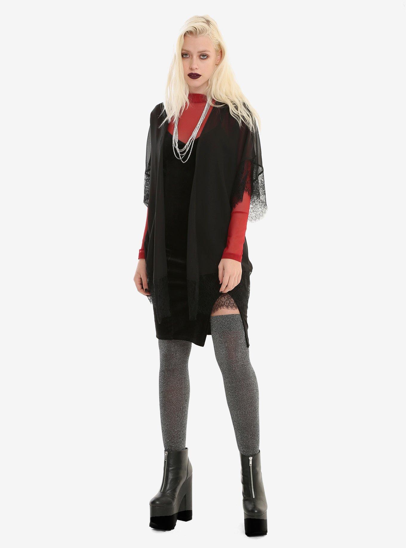 Black Chiffon Eyelash Trim Kimono, , alternate