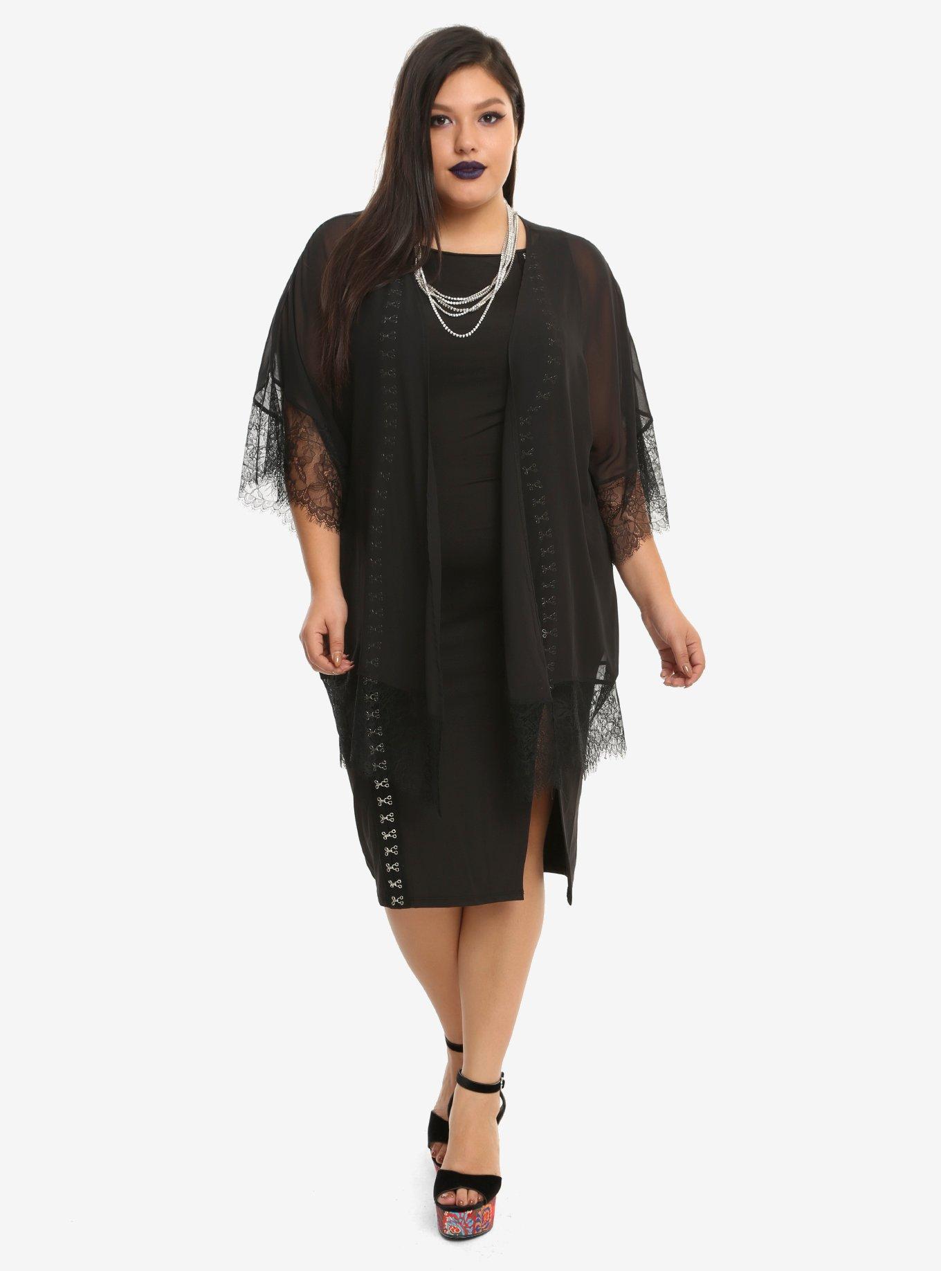 Black Chiffon Eyelash Trim Kimono Plus Size, , alternate