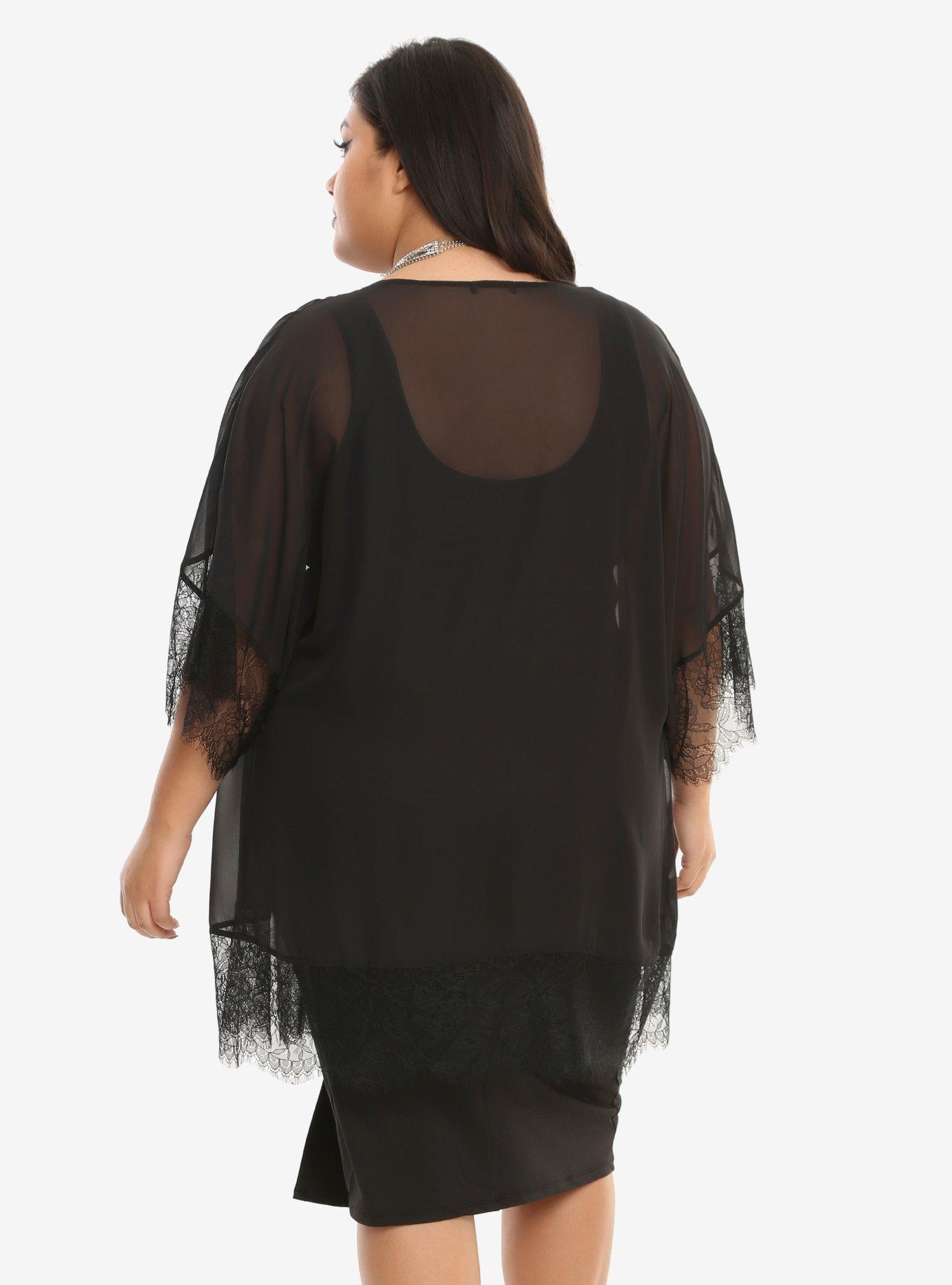 Black Chiffon Eyelash Trim Kimono Plus Size, , alternate
