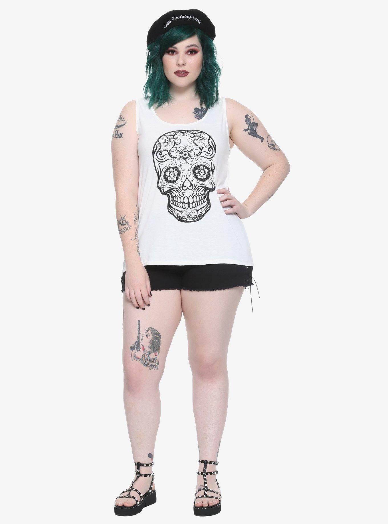 Ivory & Black Glitter Sugar Skull Lace Back Girls Tank Top Plus Size, WHITE, alternate