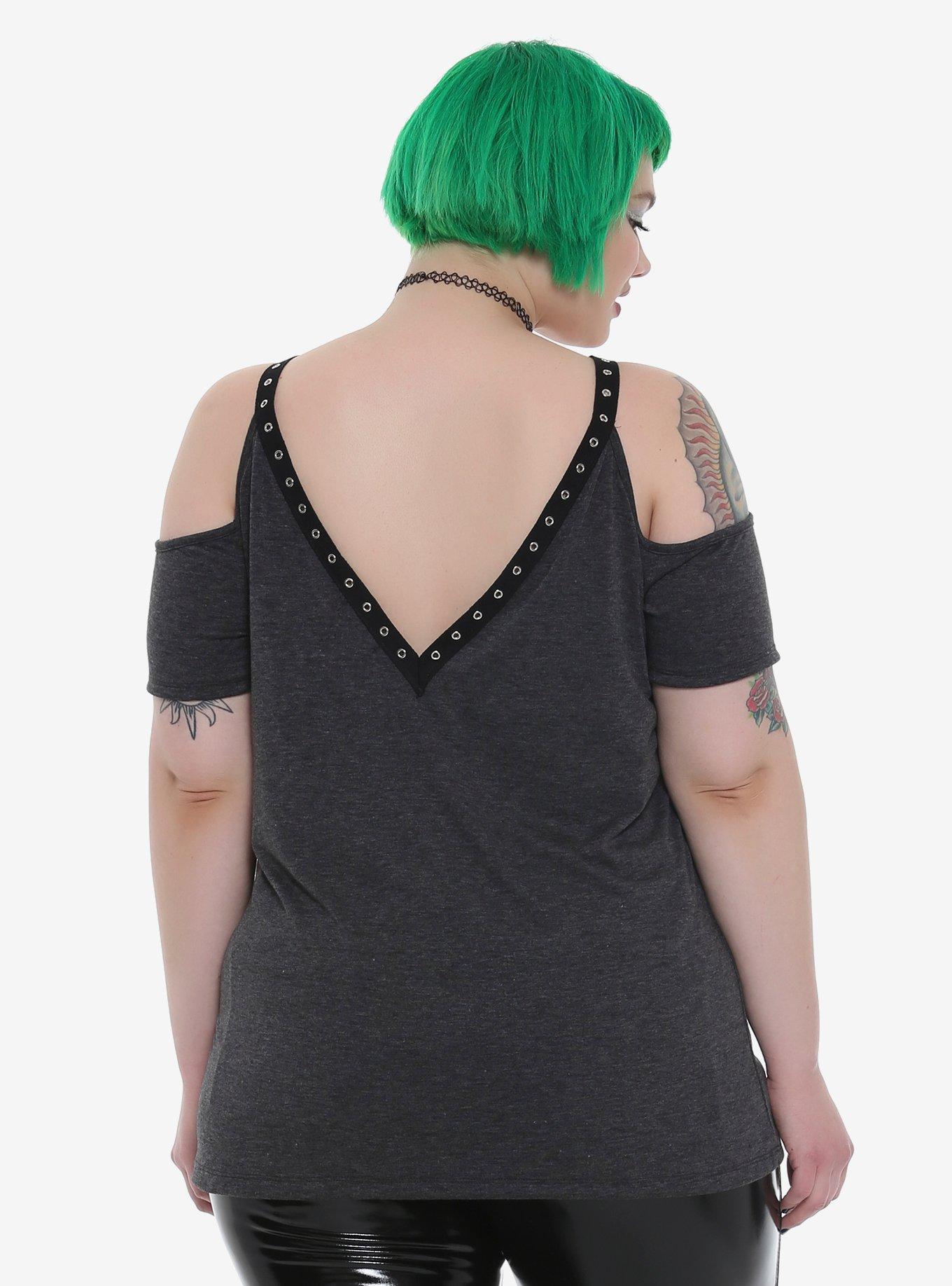 Grey Lace-Up Grommet Deep V-Neck Cold Shoulder Girls Top Plus Size, , alternate