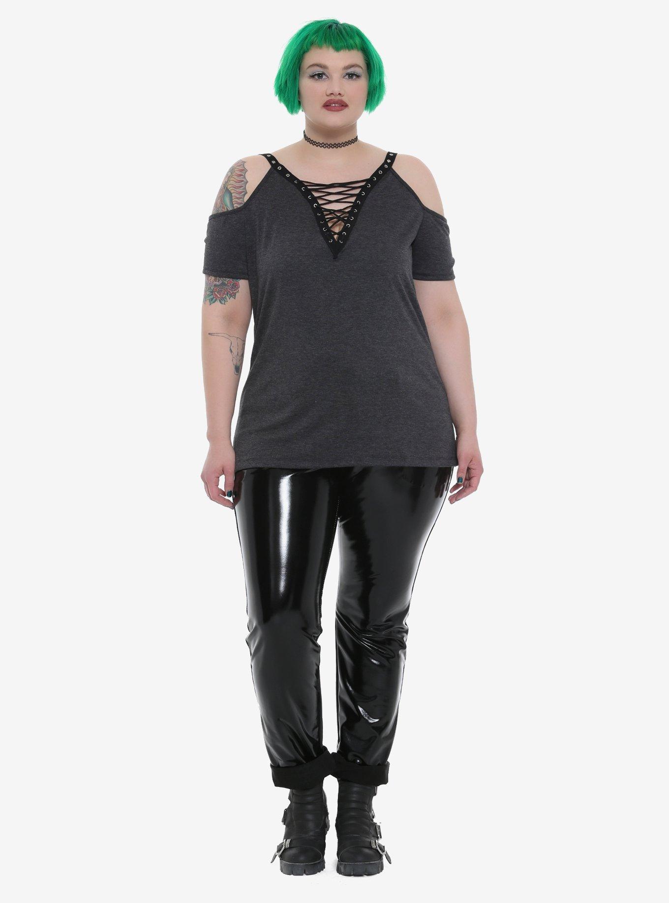 Grey Lace-Up Grommet Deep V-Neck Cold Shoulder Girls Top Plus Size, , alternate