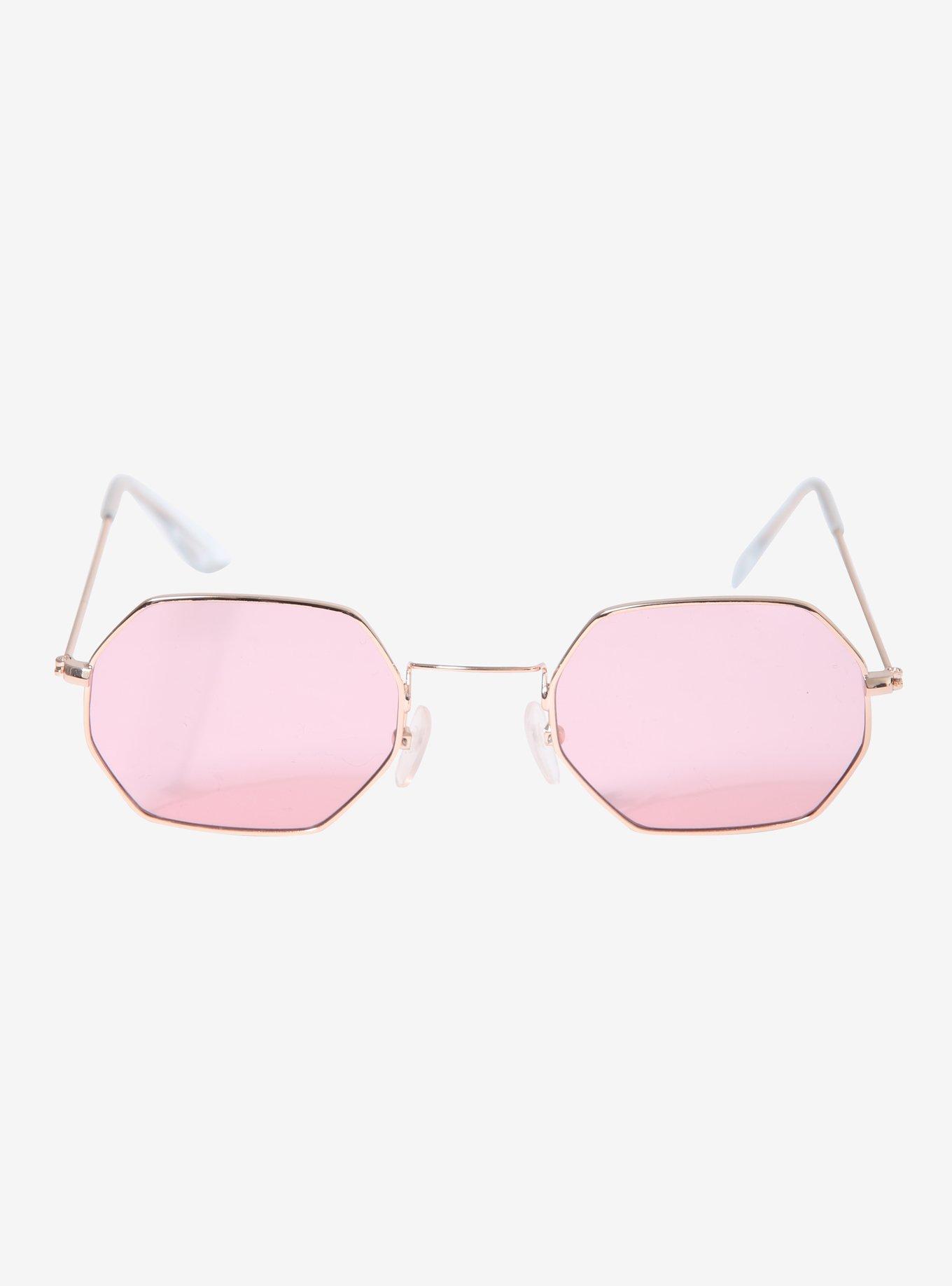 Pink Lens Skinny Octagon Sunglasses, , alternate