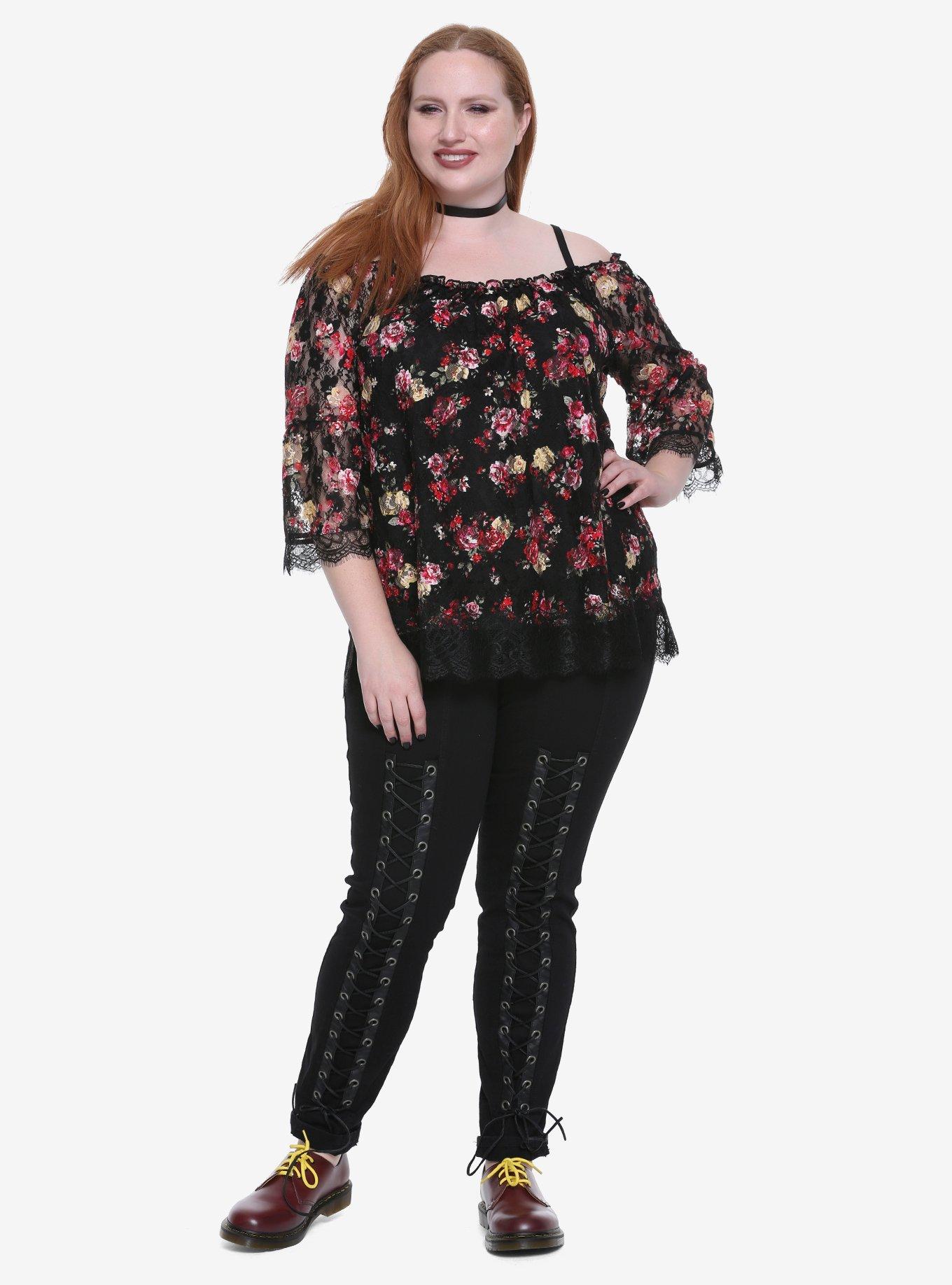 Floral Lace Cold Shoulder Peasant Top Plus Size, BLACK, alternate