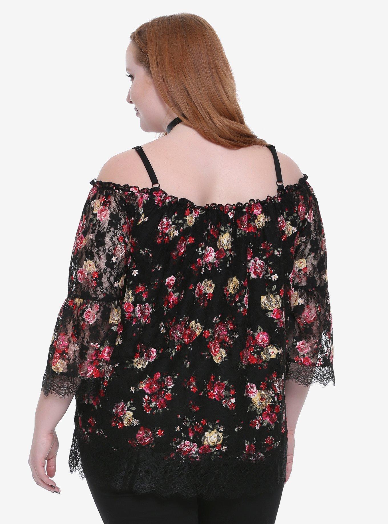 Floral Lace Cold Shoulder Peasant Top Plus Size, BLACK, alternate