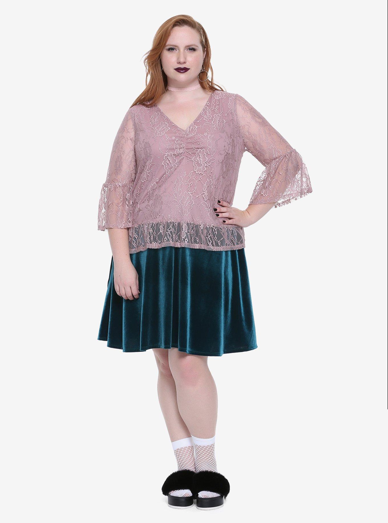 Blush Lace V-Neck Bell Sleeve Girls Top Plus Size, PURPLE, alternate