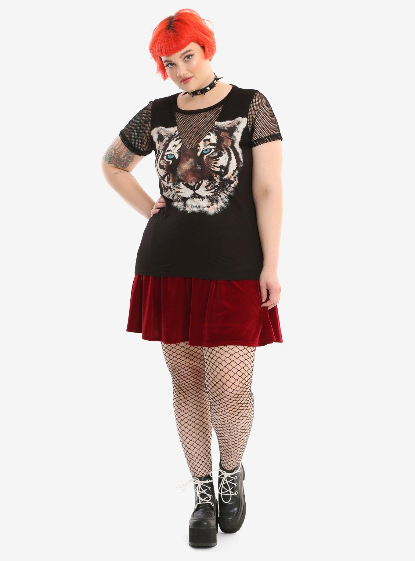 Black Fishnet Inset Tiger Girls T-Shirt Plus Size, BLACK, alternate