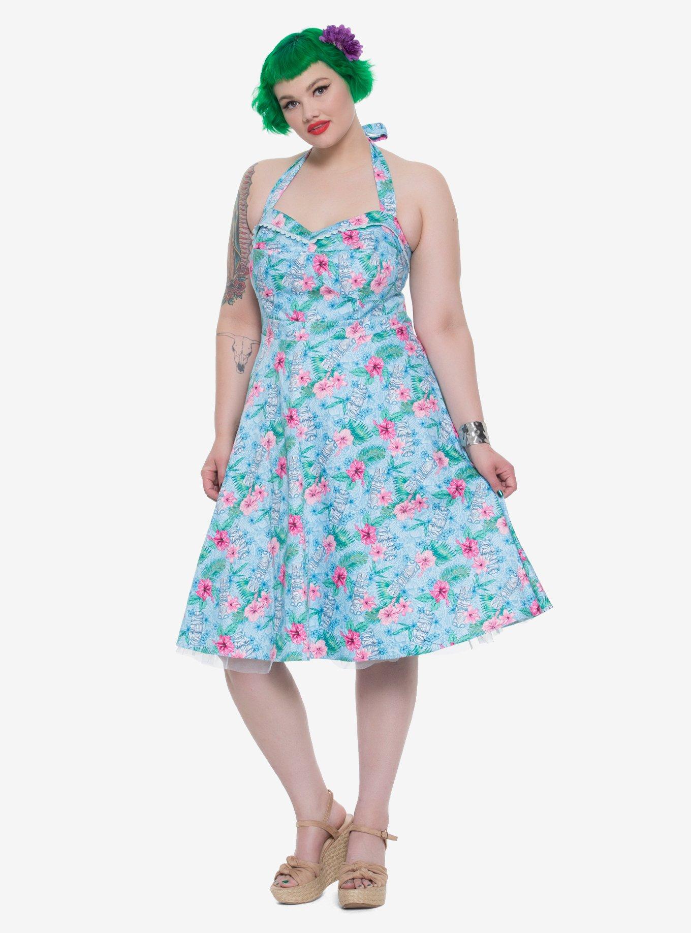 Blue Floral Tiki Swing Dress Plus Size, , alternate