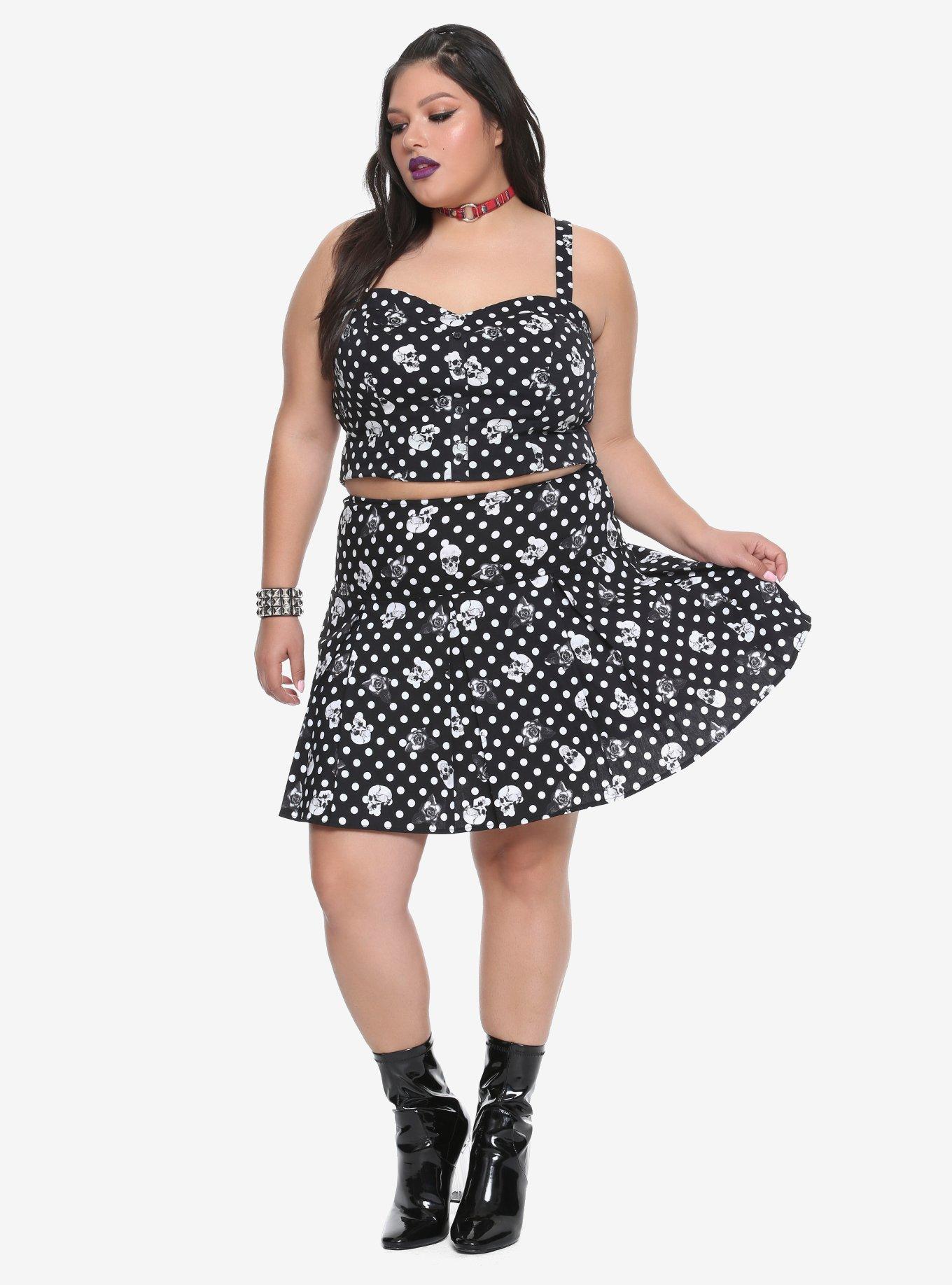 Black & White Polka Dot Skull & Rose Girls Crop Tank Top Plus Size, , alternate