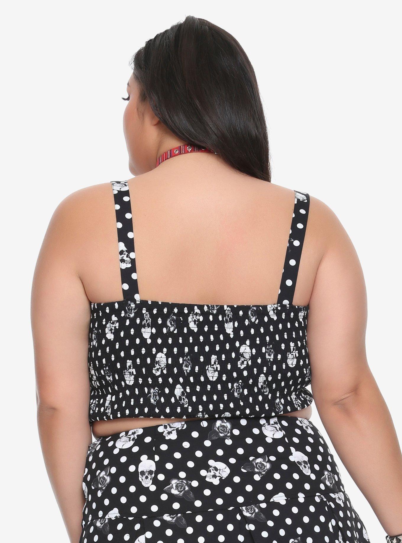 Black & White Polka Dot Skull & Rose Girls Crop Tank Top Plus Size, , alternate