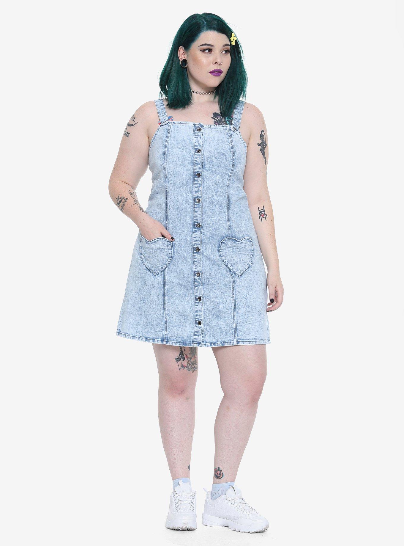 Blackheart Heart Pocket Acid Wash Overall Dress Plus Size, , alternate