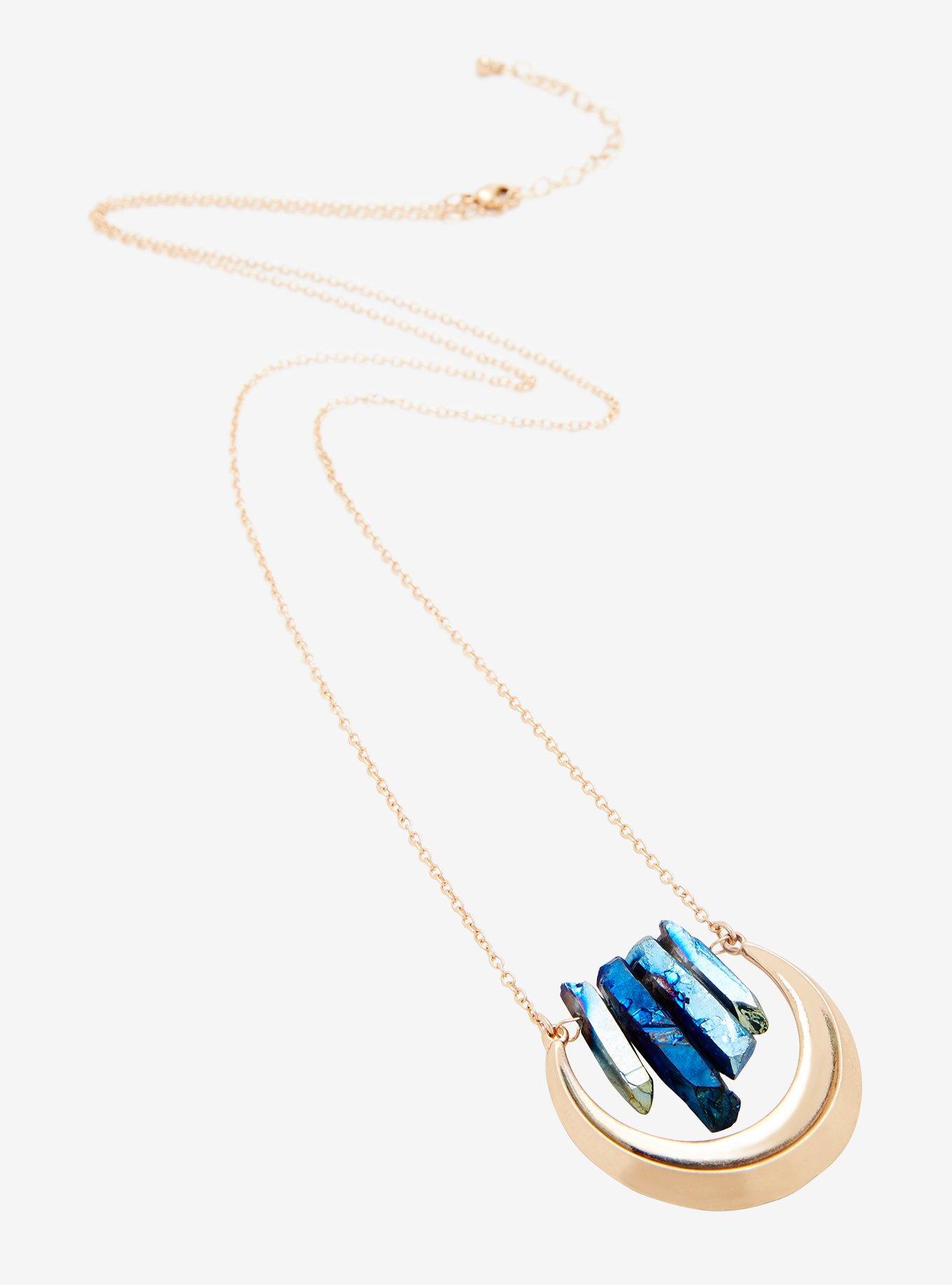 Blackheart Blue Crystal Gold Crescent Moon Necklace, , alternate