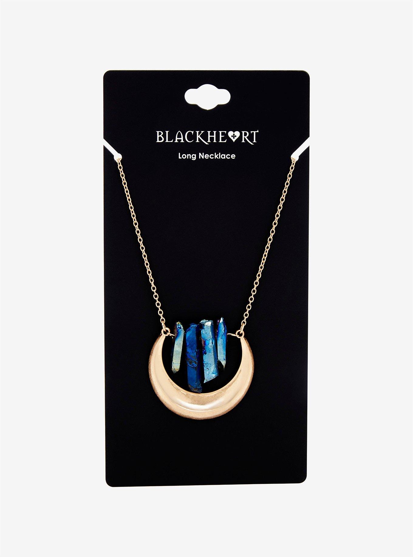 Blackheart Blue Crystal Gold Crescent Moon Necklace, , alternate