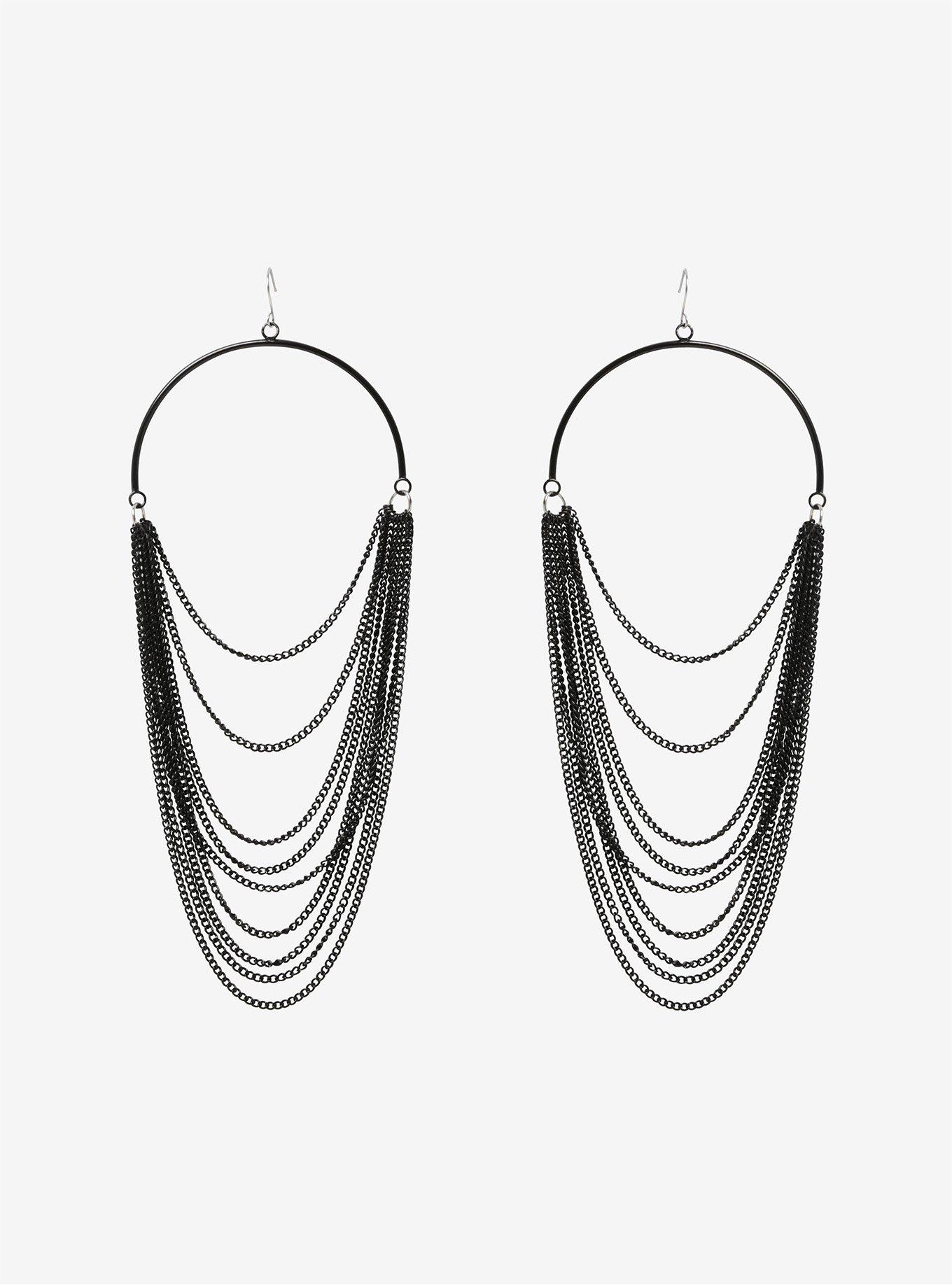Blackheart Black Dangle Chain Hoop Earrings, , alternate