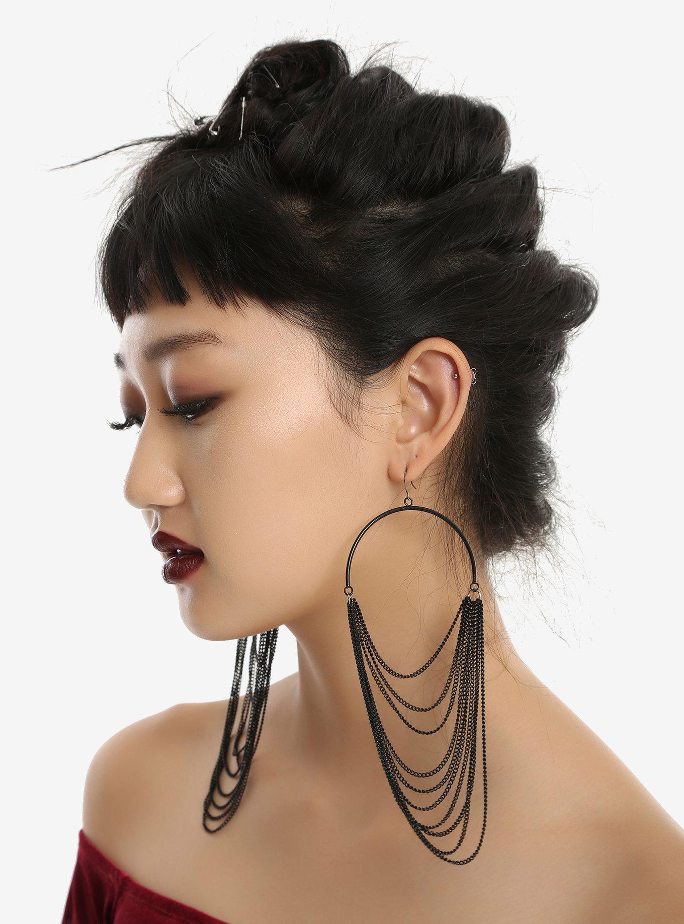 Blackheart Black Dangle Chain Hoop Earrings, , alternate