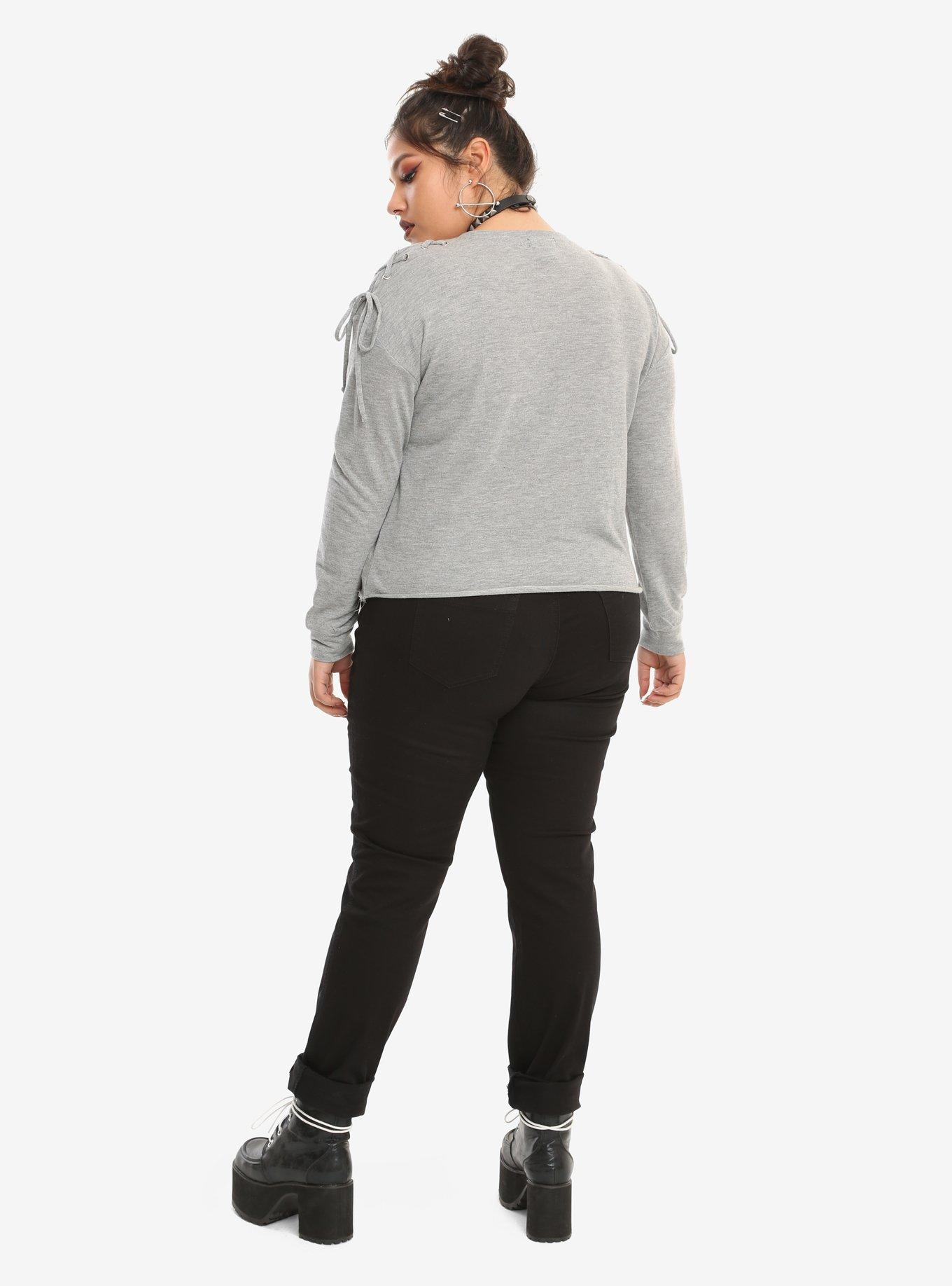Heather Grey Tie Shoulder Girls Crop Sweatshirt Plus Size, GREY, alternate