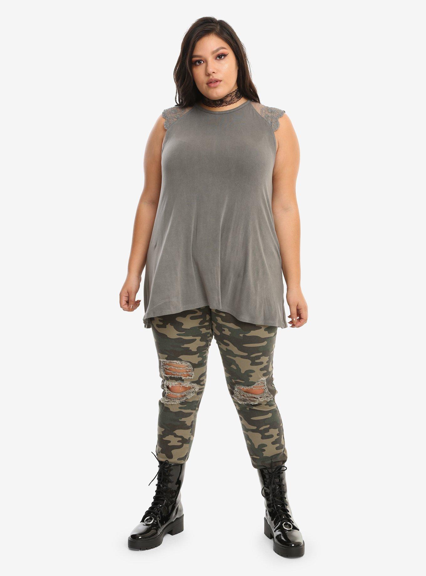 Grey Lace Sleeve Girls Tank Top Plus Size, , alternate