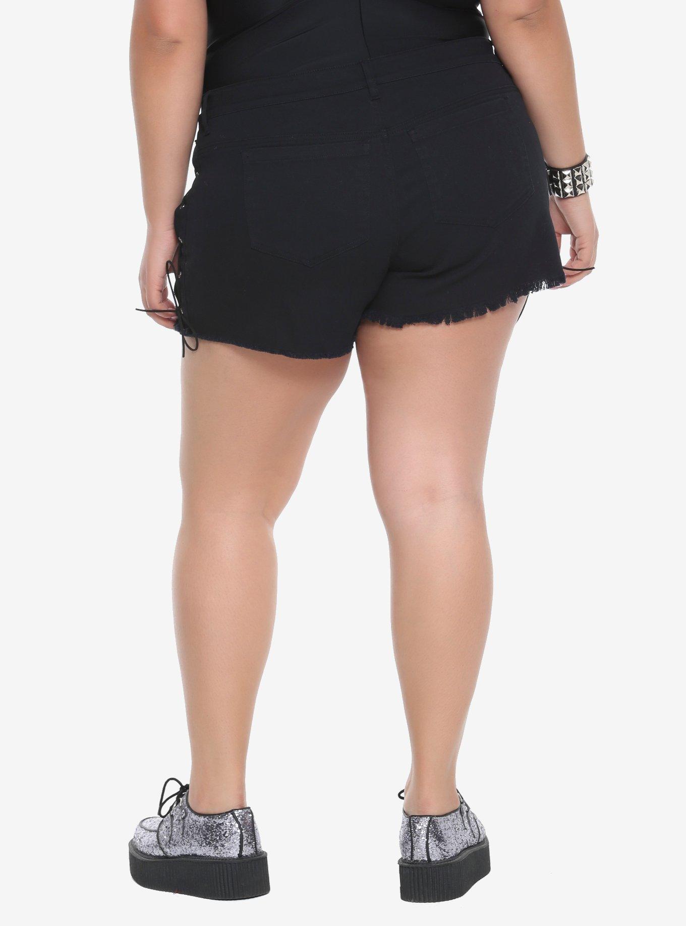 Black Lace-Up Side Denim Shorts Plus Size, , alternate