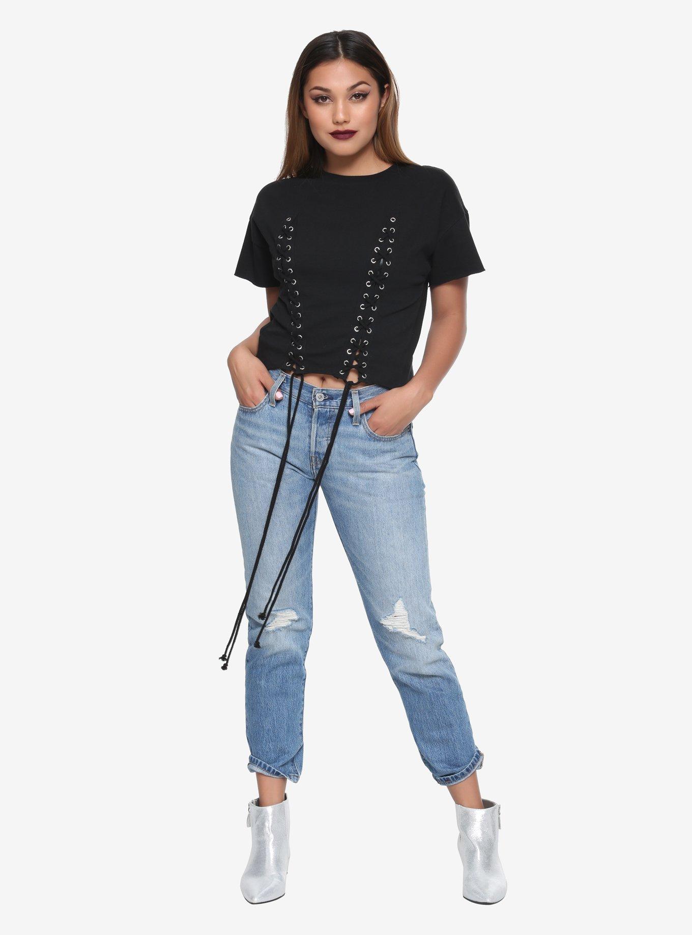 Black Double Lace-Up Front Girls Crop T-Shirt, , alternate