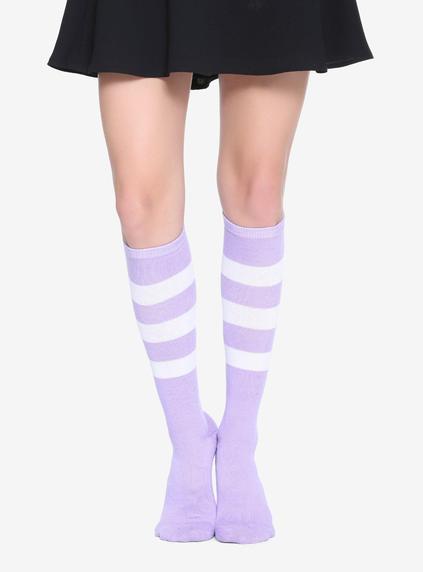Purple & White Striped Don't Care Knee-High Socks, , alternate