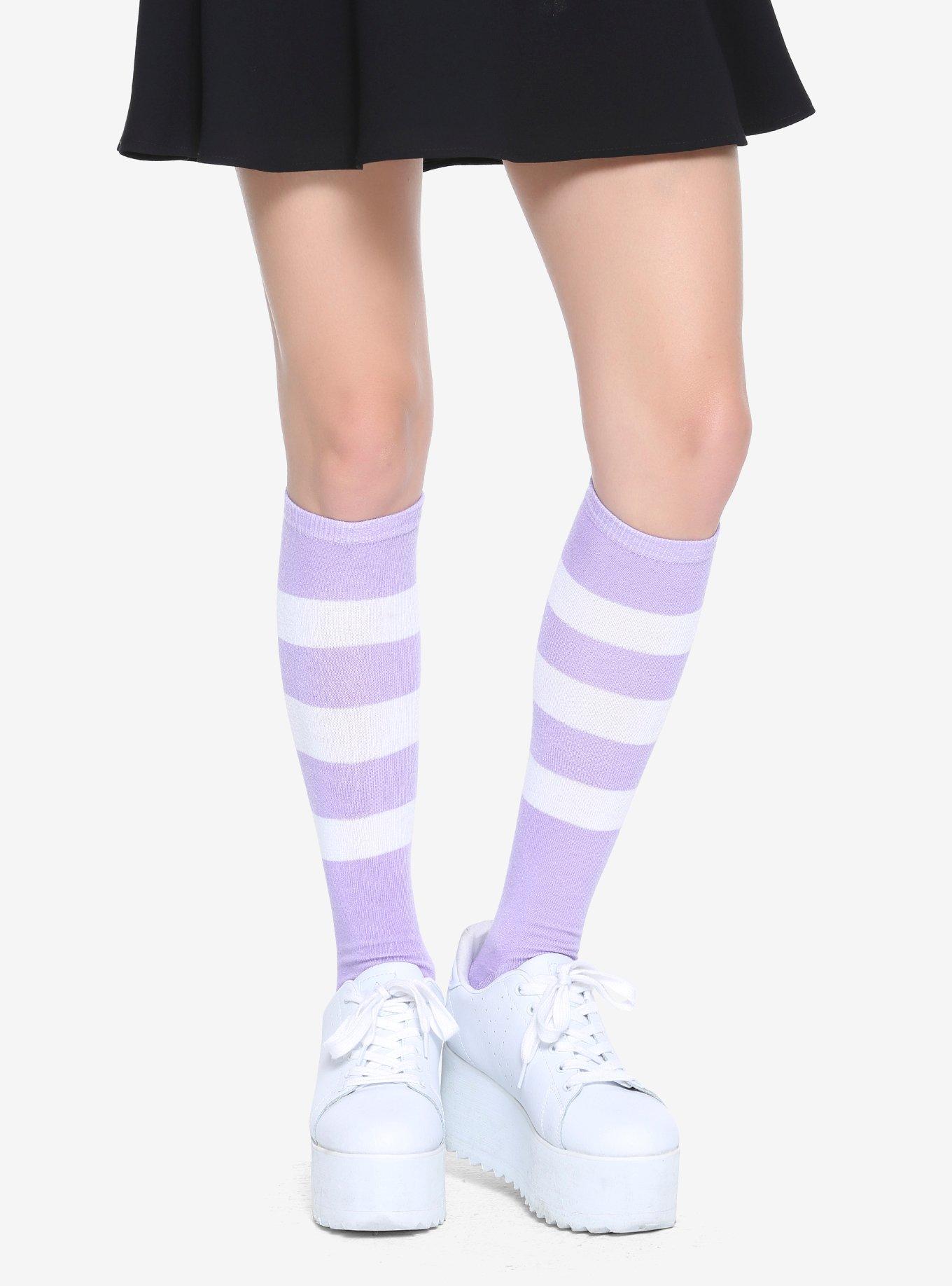 Purple & White Striped Don't Care Knee-High Socks, , alternate