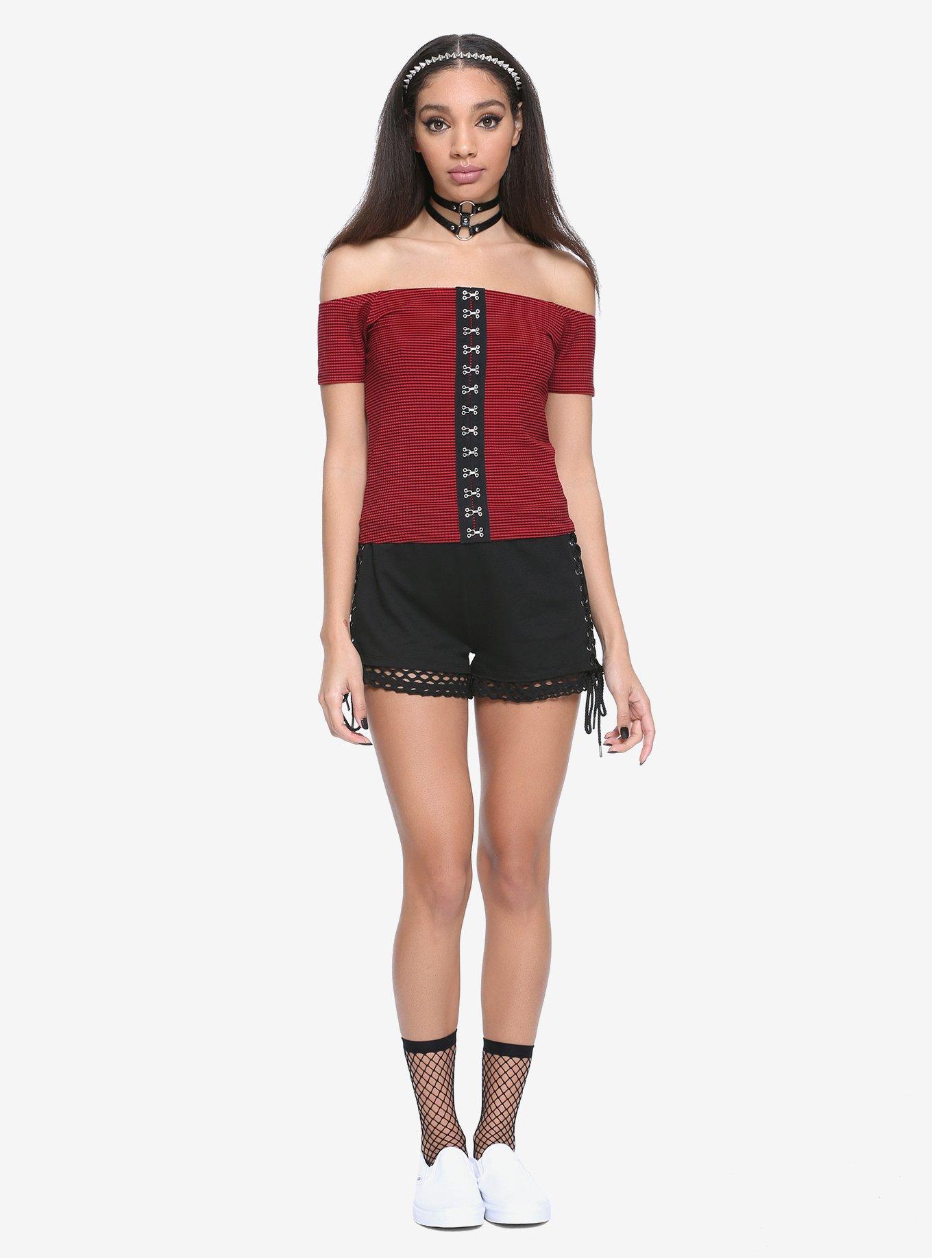 Black & Red Striped Hook & Eye Off-The-Shoulder Girls Top, RED, alternate