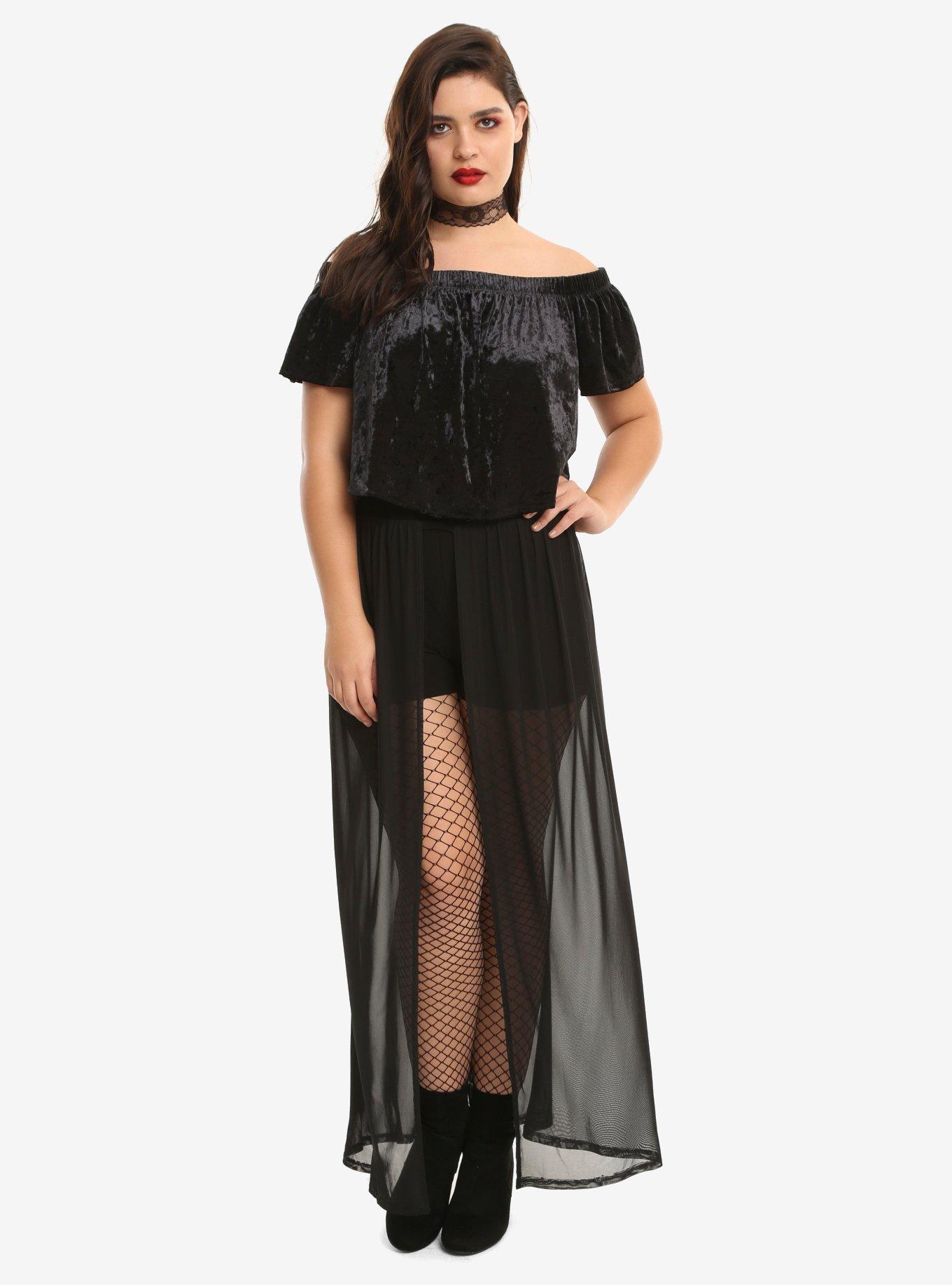 Black Mesh Layered Maxi Skirt Plus Size, , alternate