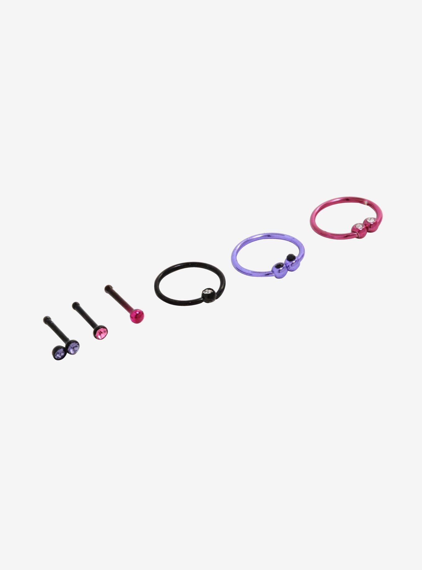 Steel Pink Purple Black Gem Nose Stud Hoop 6 Pack, , alternate
