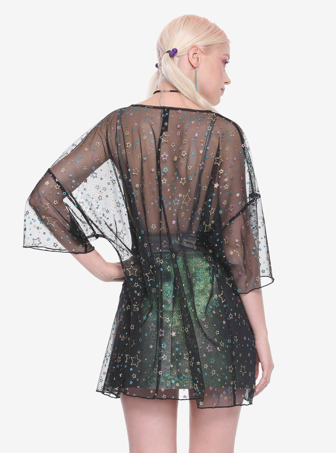 Black Glitter Star Sheer Kimono, , alternate