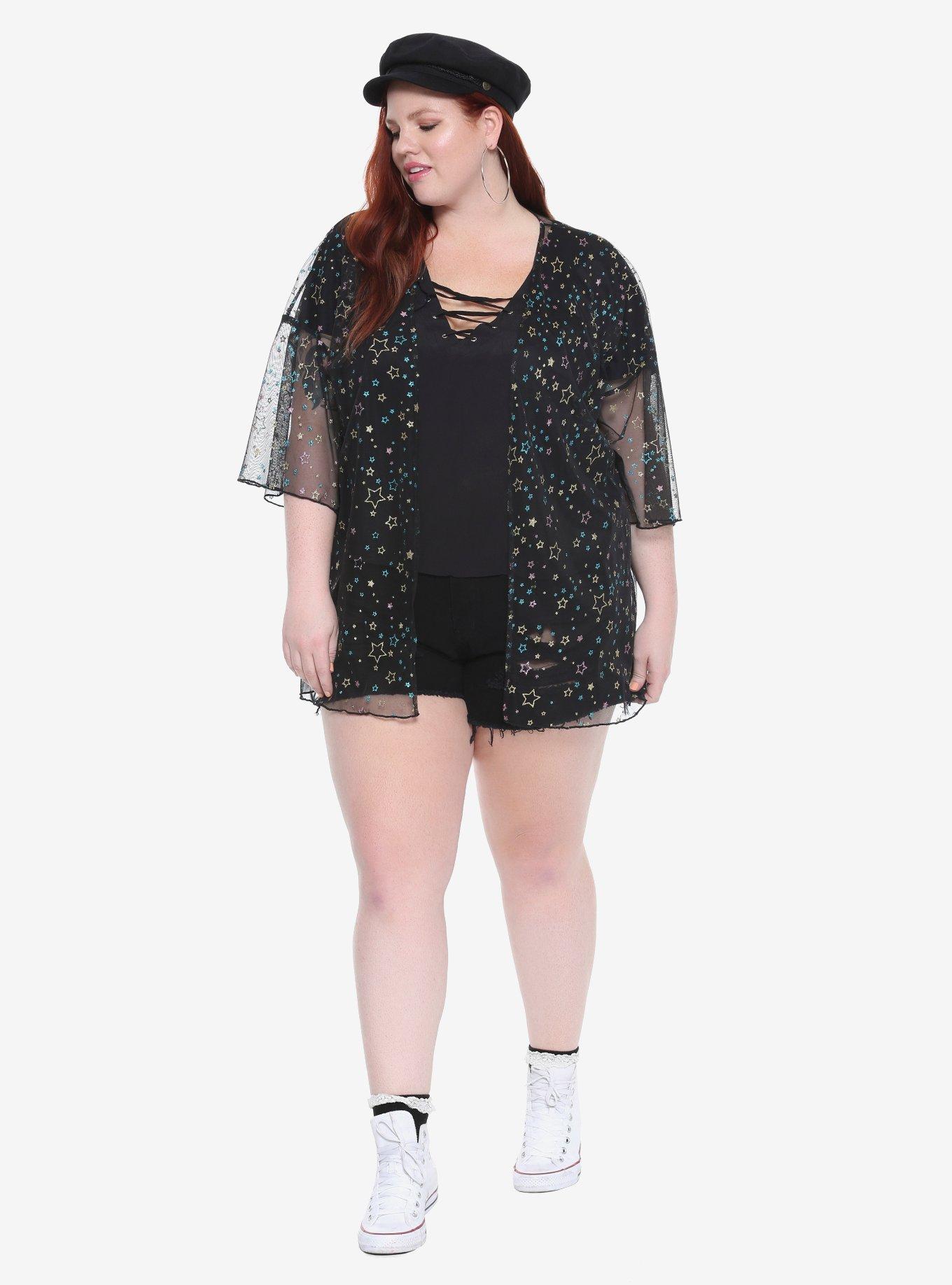 Black Glitter Star Sheer Kimono Plus Size, BLACK, alternate