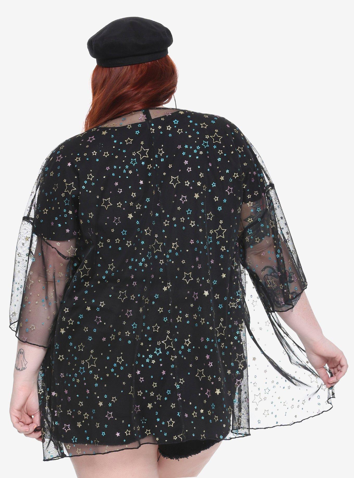 Black Glitter Star Sheer Kimono Plus Size, BLACK, alternate