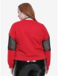 Red & Black Fishnet Inset Sleeve Crop Girls Top Plus Size, , alternate
