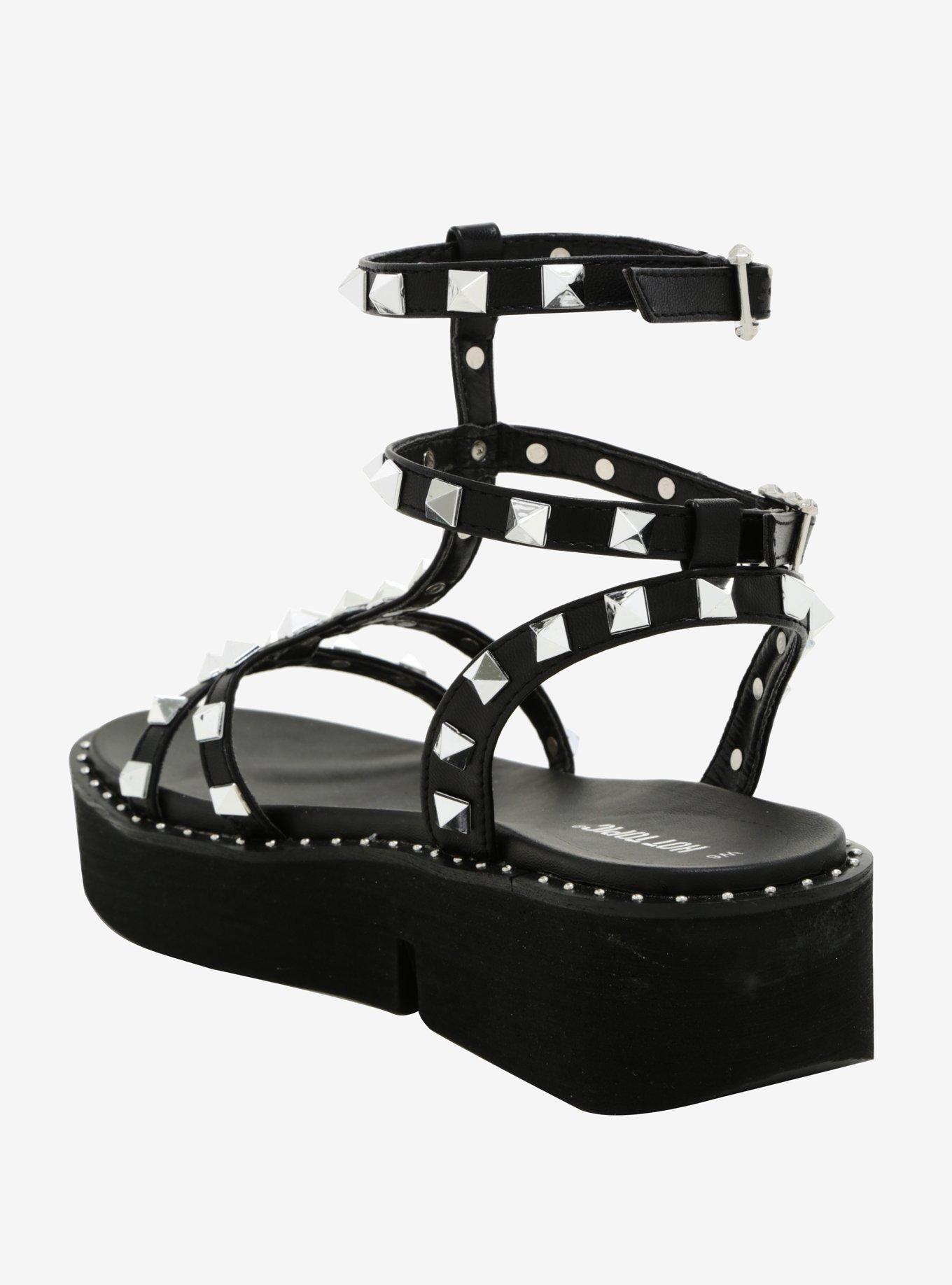 Black Studded Strappy Flatform Sandals, , alternate