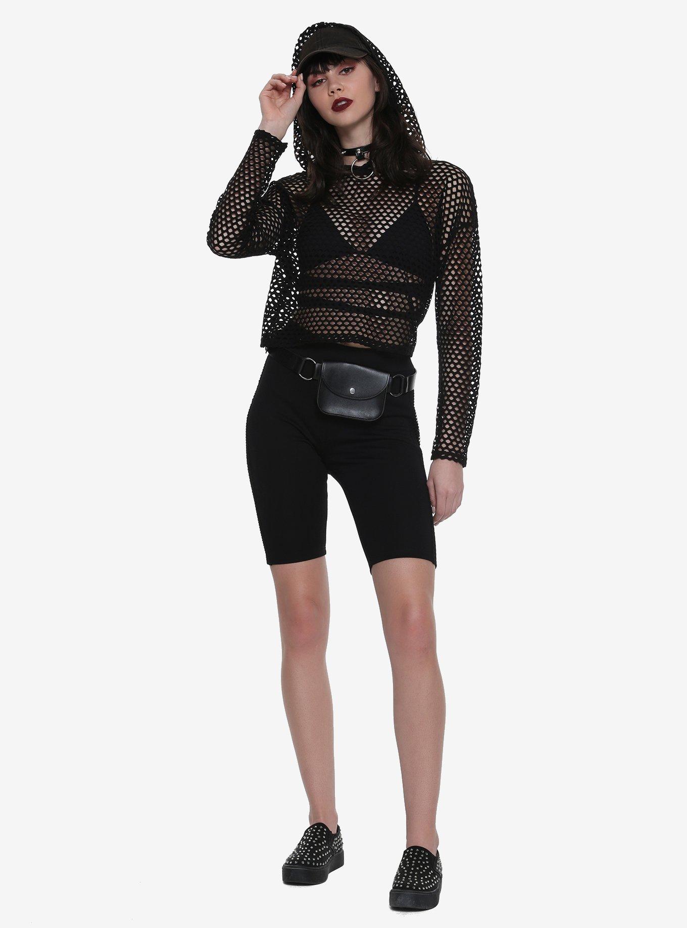 Black Fishnet Stripe Biker Shorts, , alternate