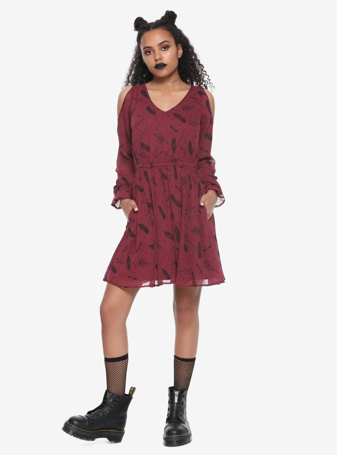 Harry Potter Sheer Cold Shoulder Dress, BURGUNDY, alternate