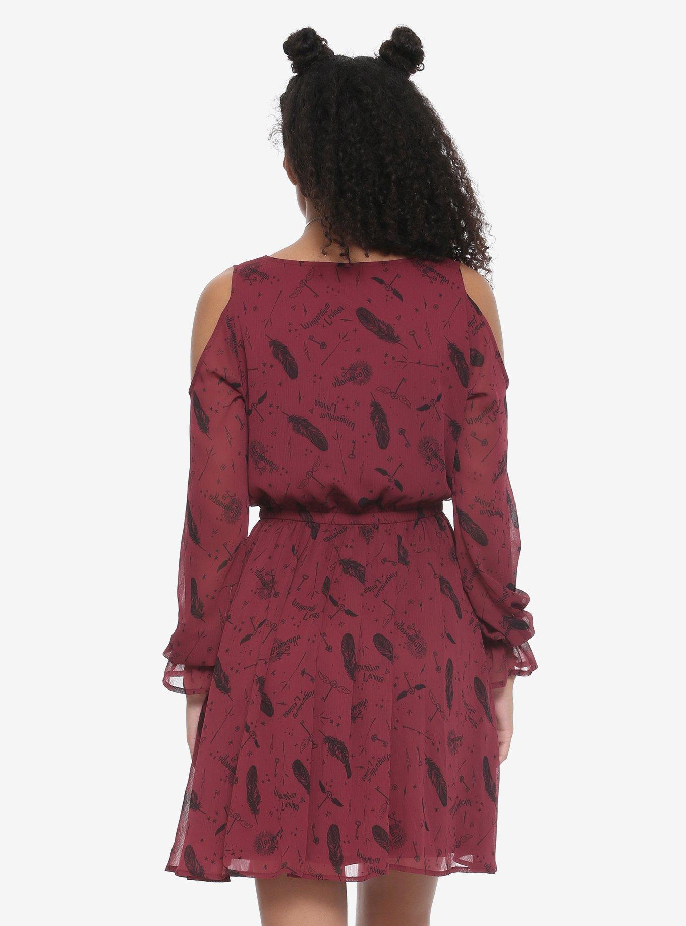 Harry Potter Sheer Cold Shoulder Dress, BURGUNDY, alternate