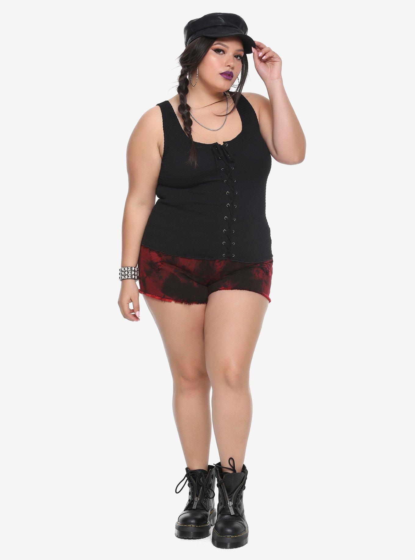 Black Smocked Lace-Up Girls Tank Top Plus Size, , alternate