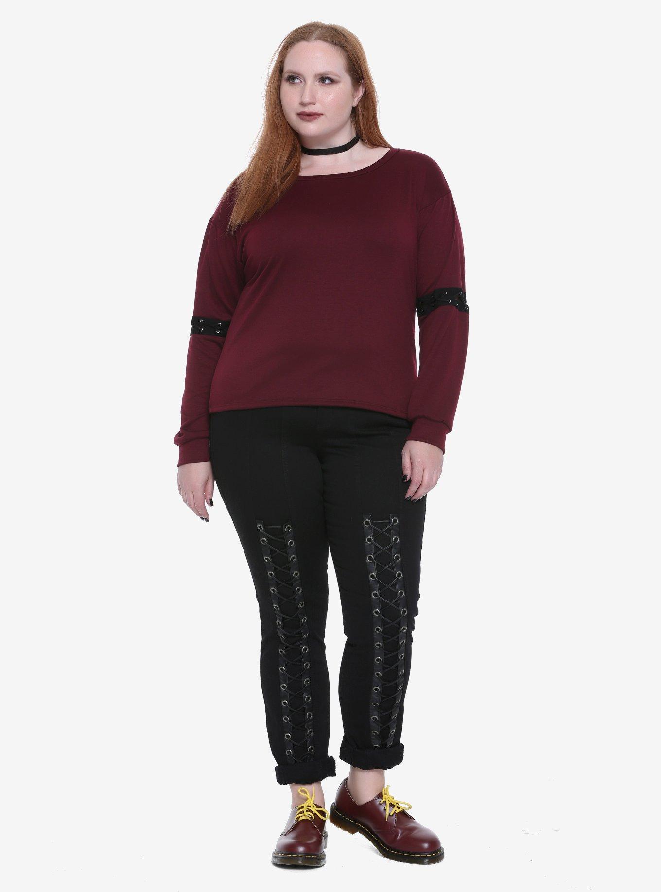 Burgundy Lace-Up Sleeve Girls Long-Sleeve Top Plus Size, , alternate