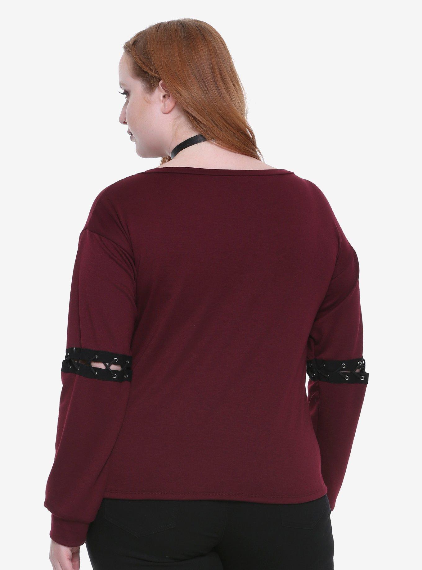 Burgundy Lace-Up Sleeve Girls Long-Sleeve Top Plus Size, , alternate