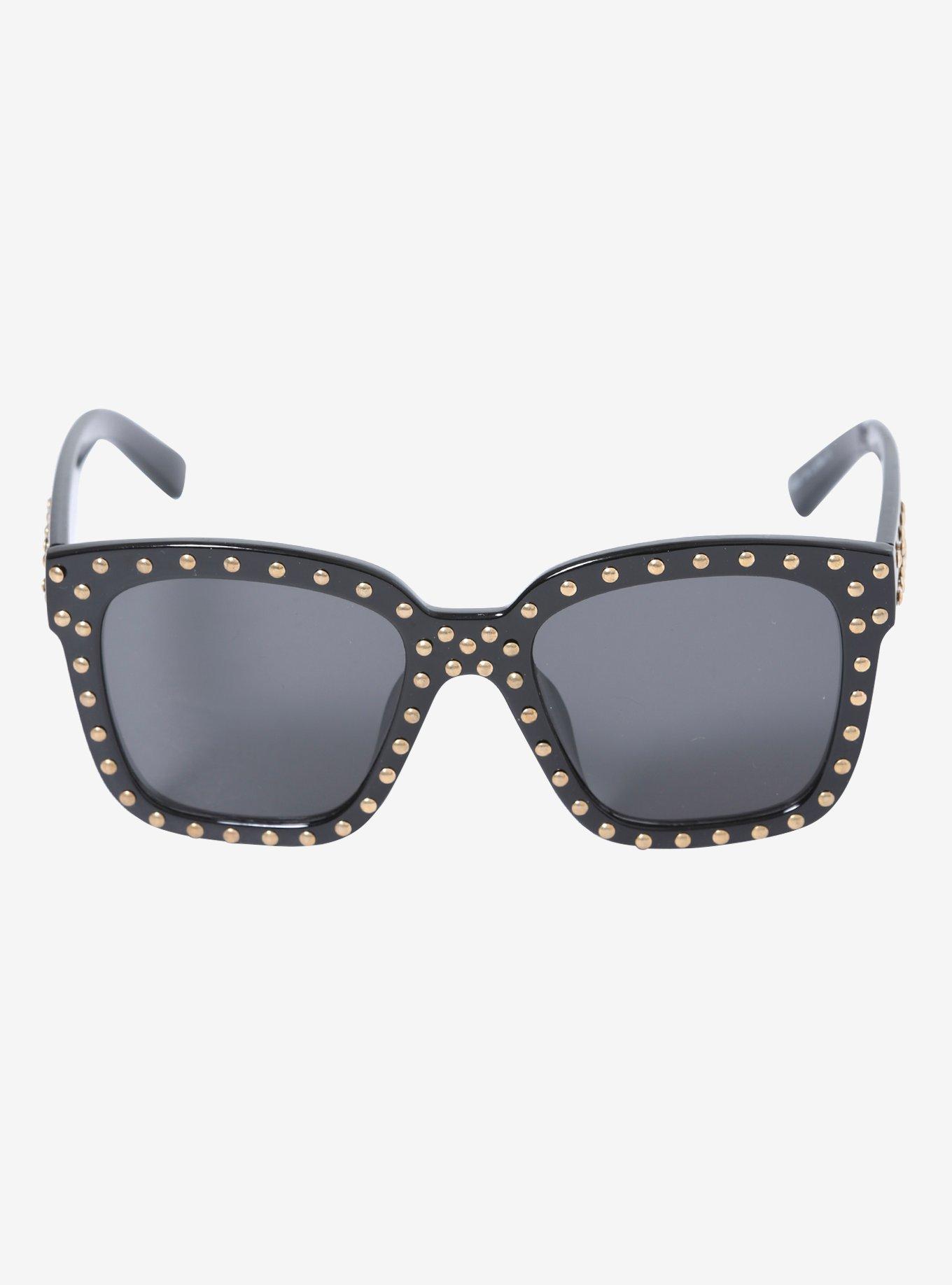 Gold Studded Black Square Frame Sunglasses, , alternate