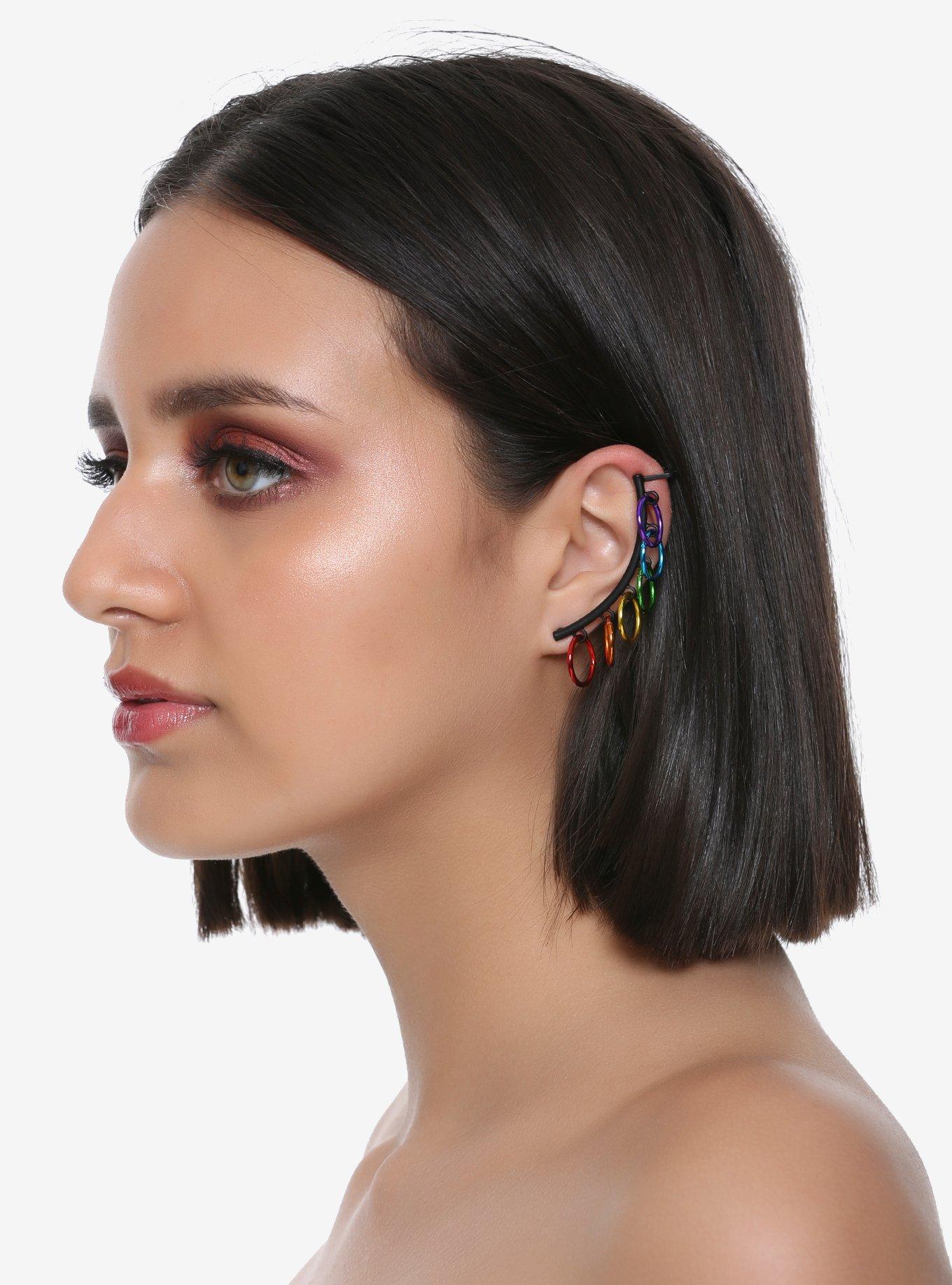 Blackheart Rainbow Faux Piercing Cuff Ear Climber, , alternate