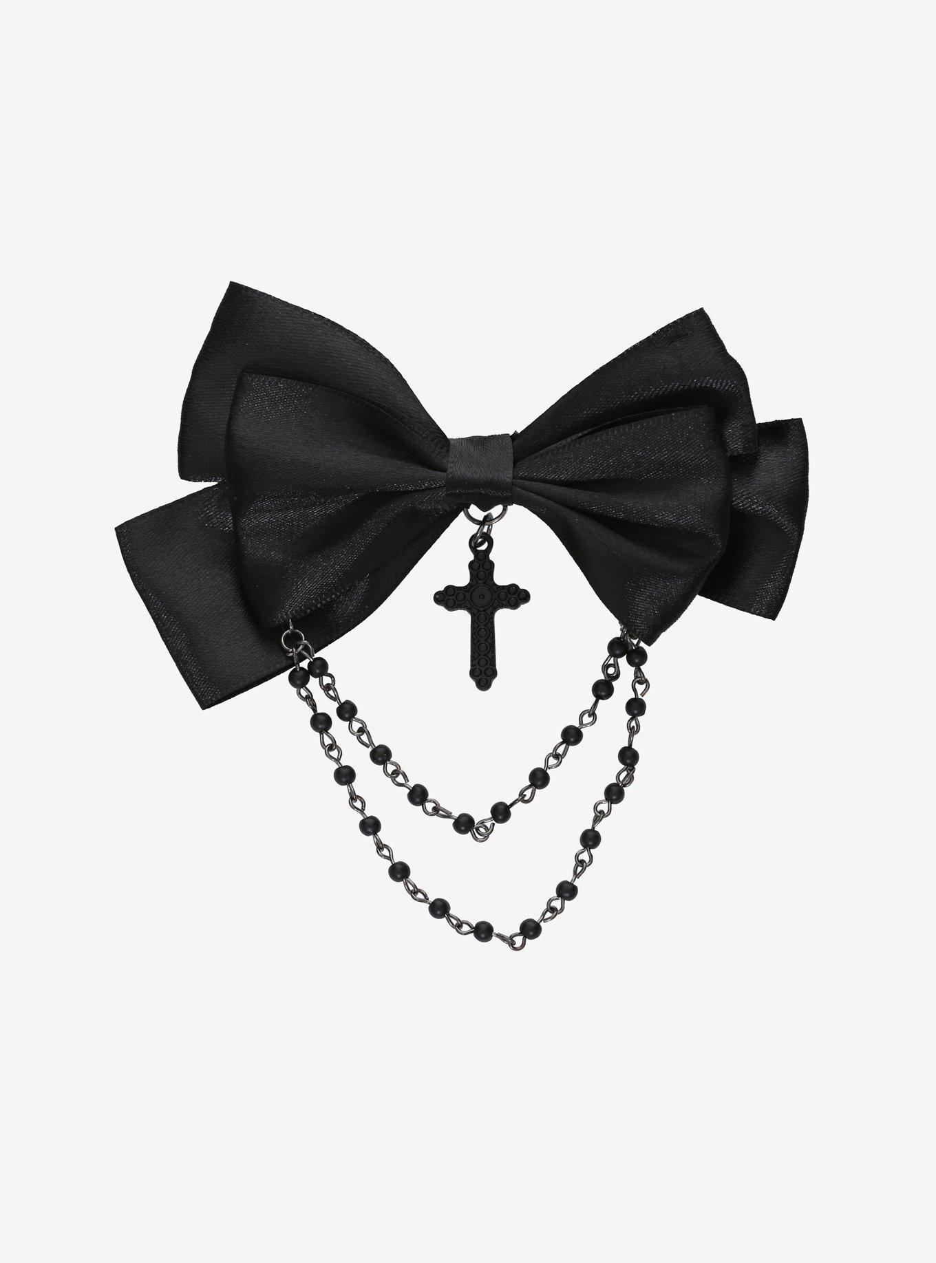 Black Cross & Beads Hair Bow, , alternate